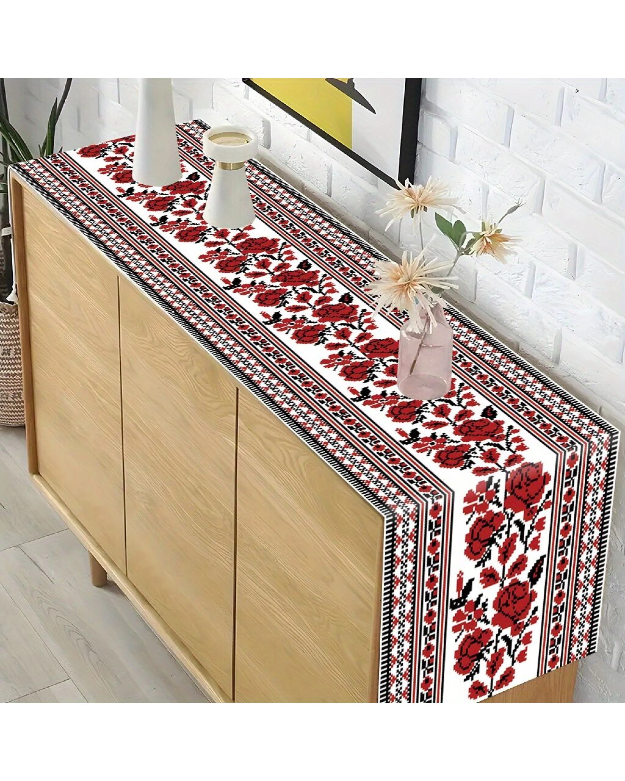 5 BR Home Ukrainian Table Runner – Folk Traditional Print in White, Black & Red (180x35cm), 5 of 7