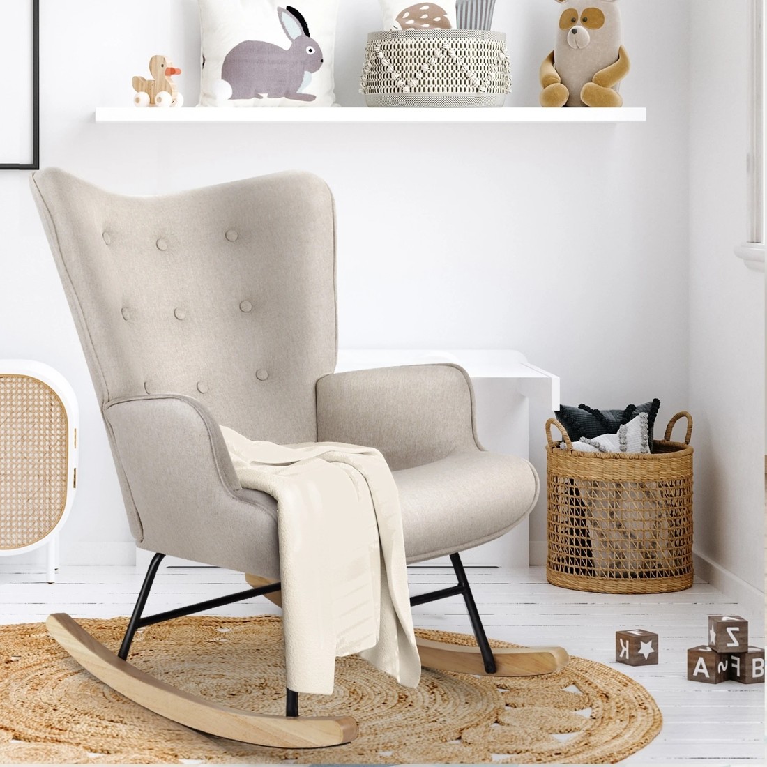 3 Oikiture Rocking Chair Nursing Armchair Linen Accent Chairs Upholstered
 - Beige, 3 of 10