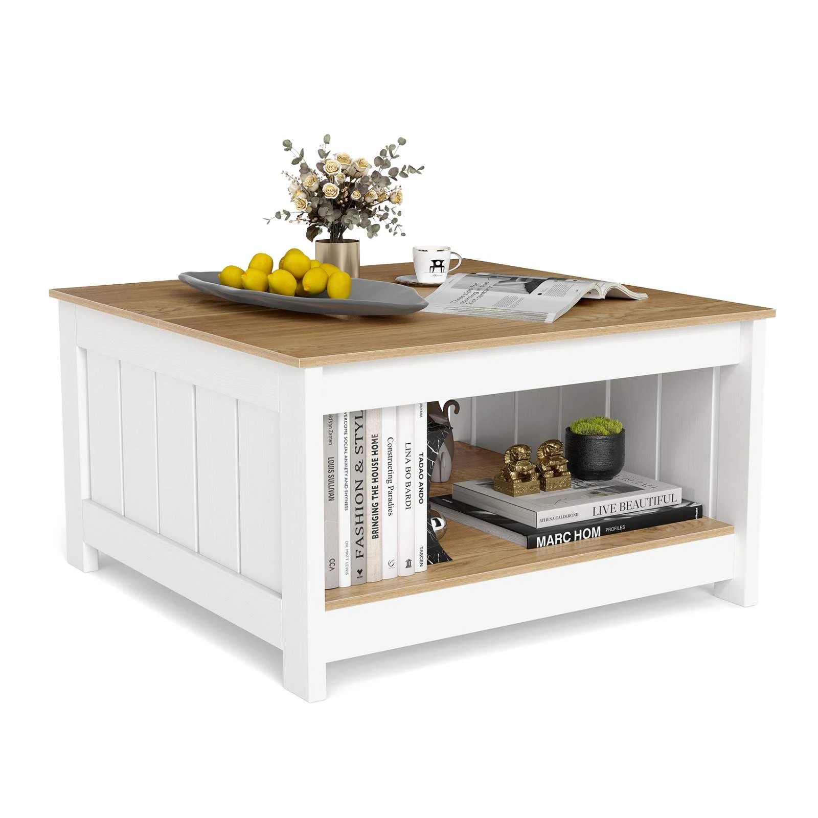 5 Costway Coffee Table Square Cocktail Table w/Storage Shelf Farmhouse Rustic Center Table, 5 of 5