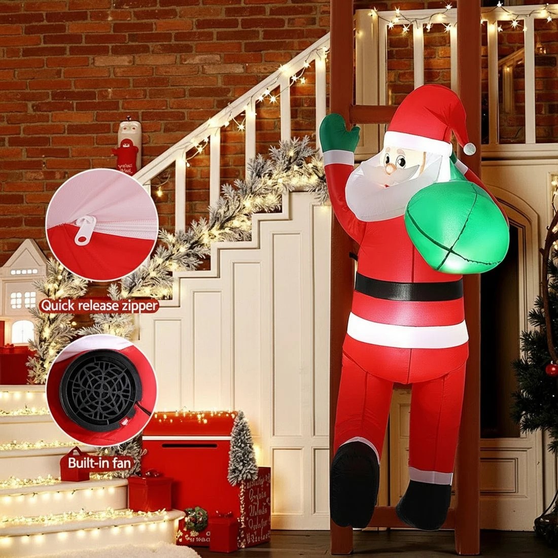 5 Jingle Jollys Christmas Inflatable Santa Climbing Ladder 2.45M Height LED Decorations Illuminated - Multi, 5 of 7