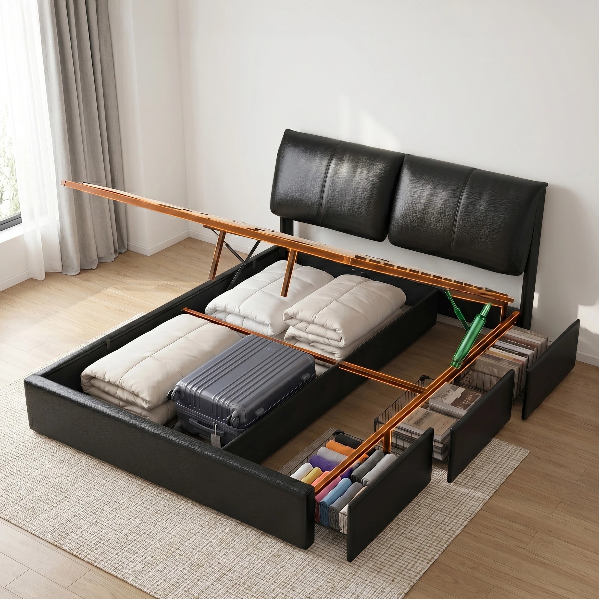 7 Artiss Queen Bed Frame Gas Lift Storage 3 Drawers Adjustable Headboard Platform Bed - Black, 7 of 9