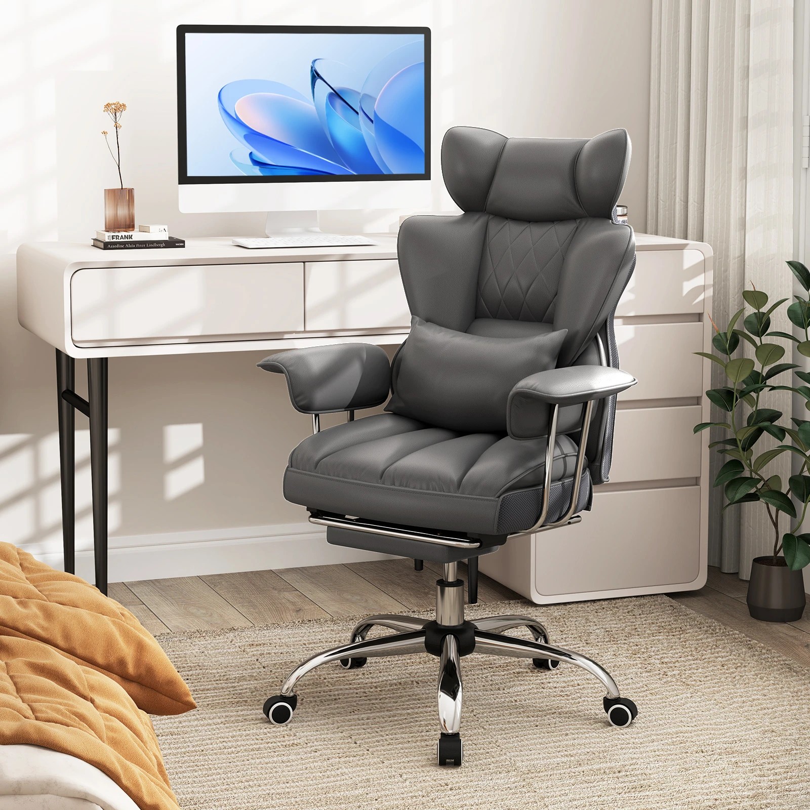 3 Costway 180kg Big & Tall Office Chair Executive Desk Chair w/Retractable Footrest - Grey, 3 of 3