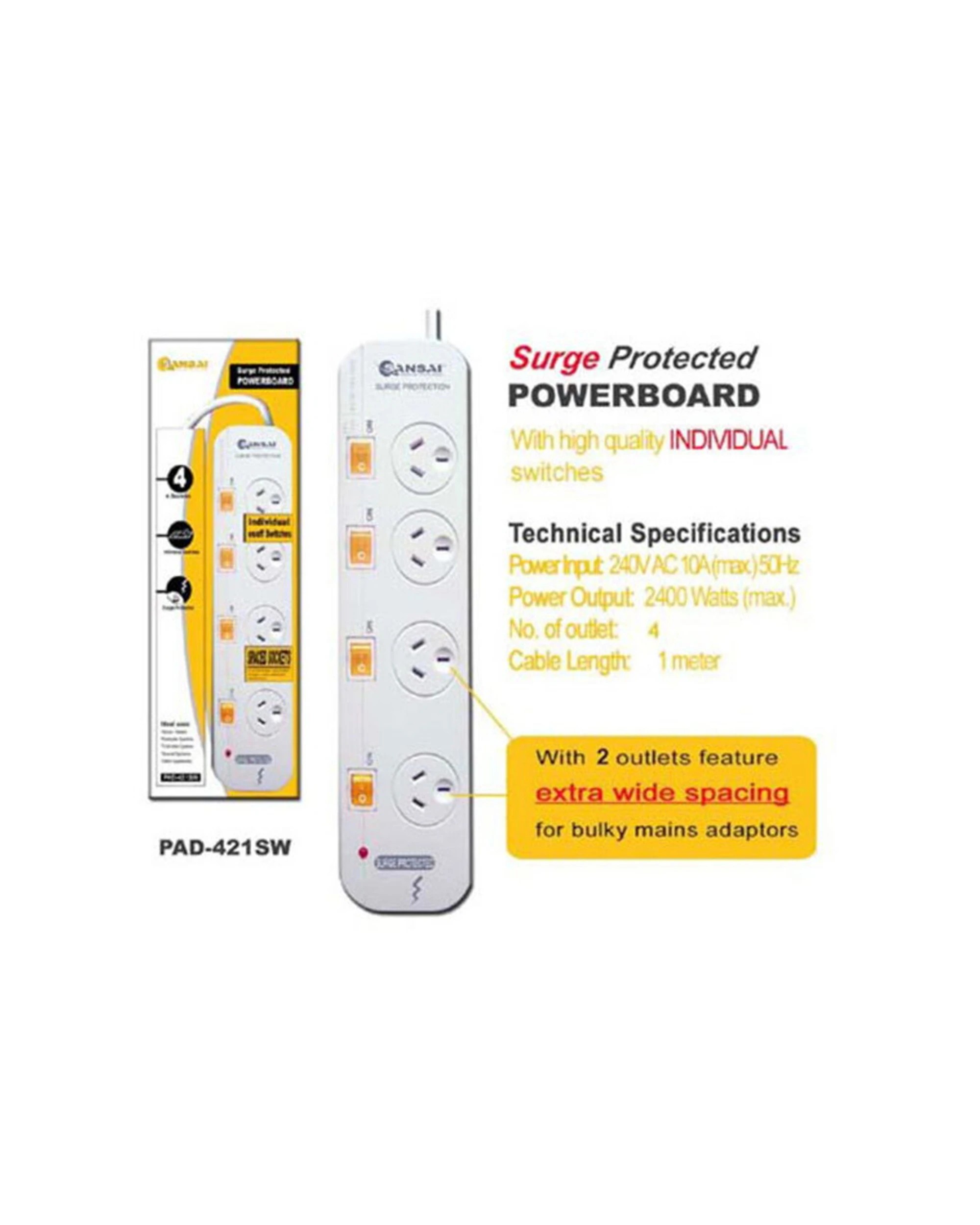 2 Sansai 4 Way Individually Switched Power Board Overload Surge Protection 1m - White, 2 of 3