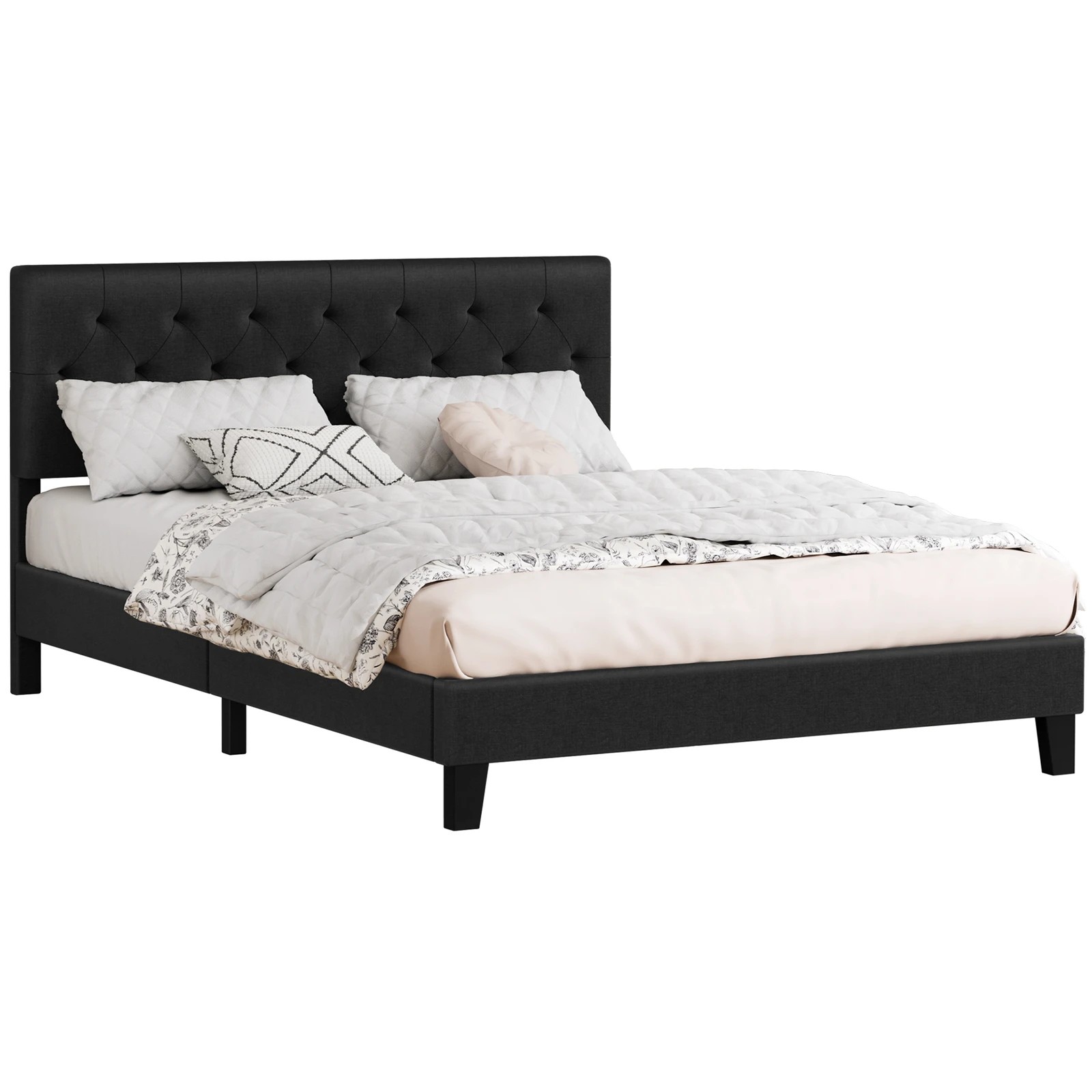 1 Alfordson Bed Frame Double Size Tufted Headboard Modern Fabric Meduna - Charcoal