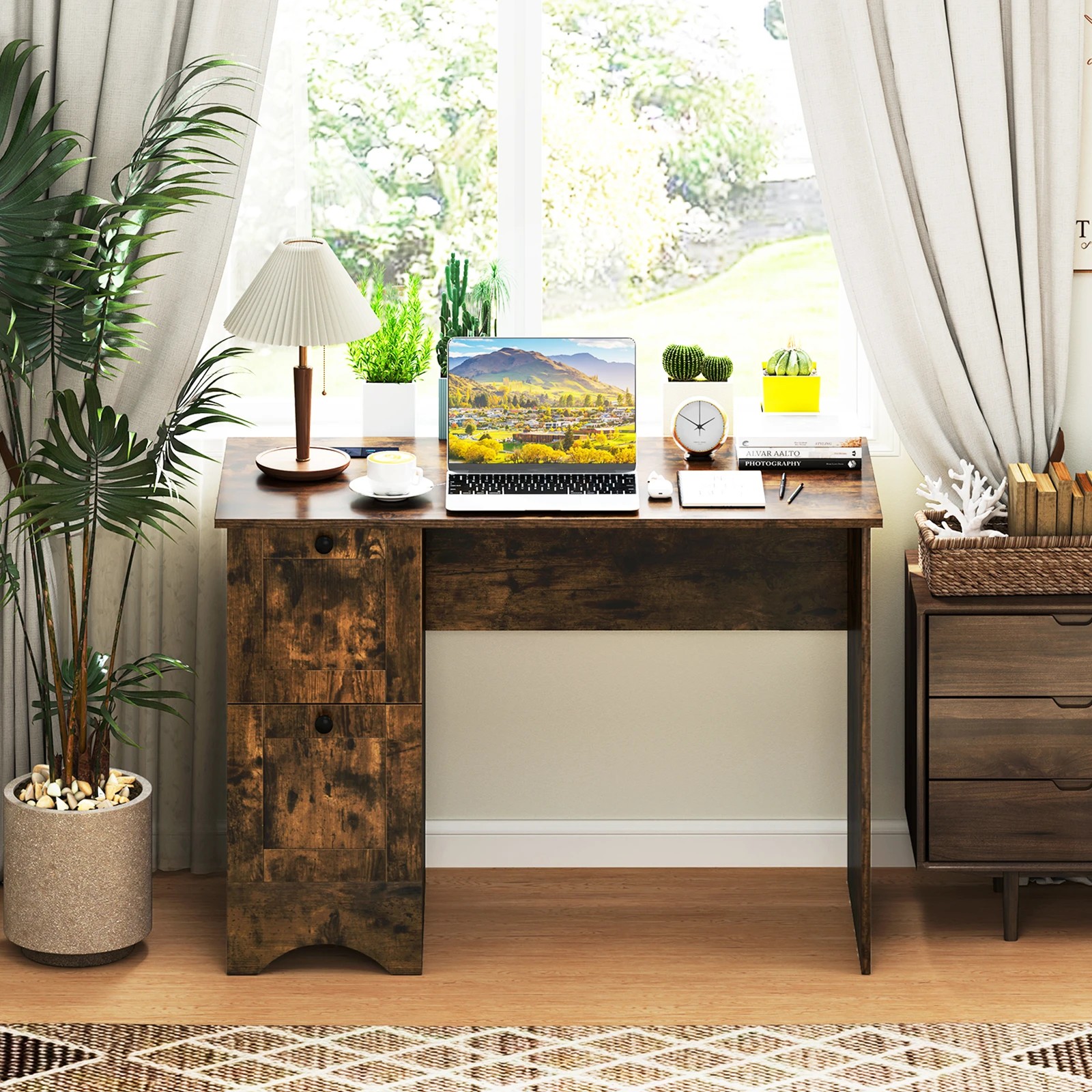 2 Costway Modern Study Writing Workstation Laptop Table Computer Desk w/Drawers, 2 of 4