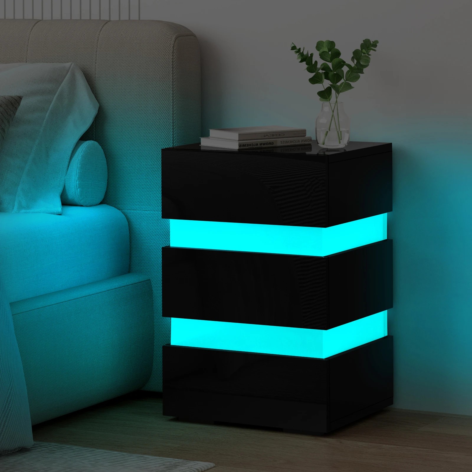 7 Alfordson Bedside Table RGB LED Nightstand 3 Drawers 4 Side High Gloss - Black, 7 of 10