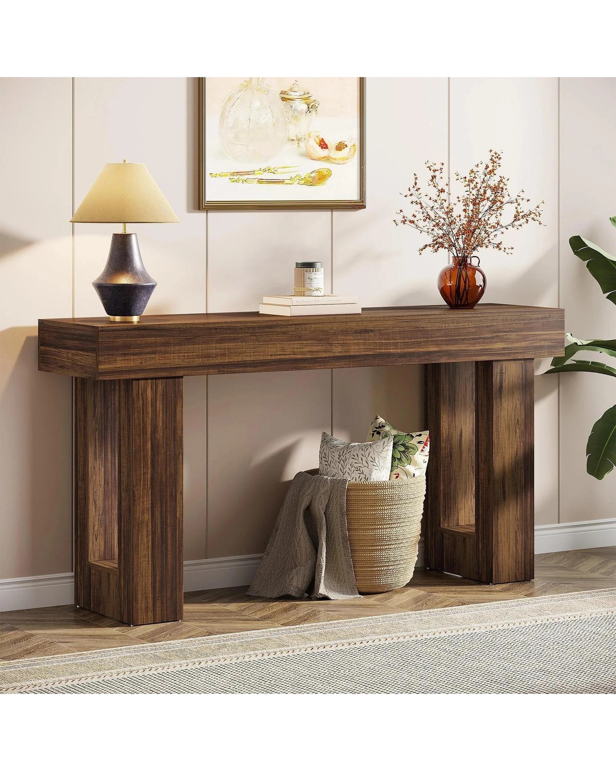 2 OAKORY 160cm Console Table Country Style Entryway Hallway Table for Living Room Rustic Brown, 2 of 6