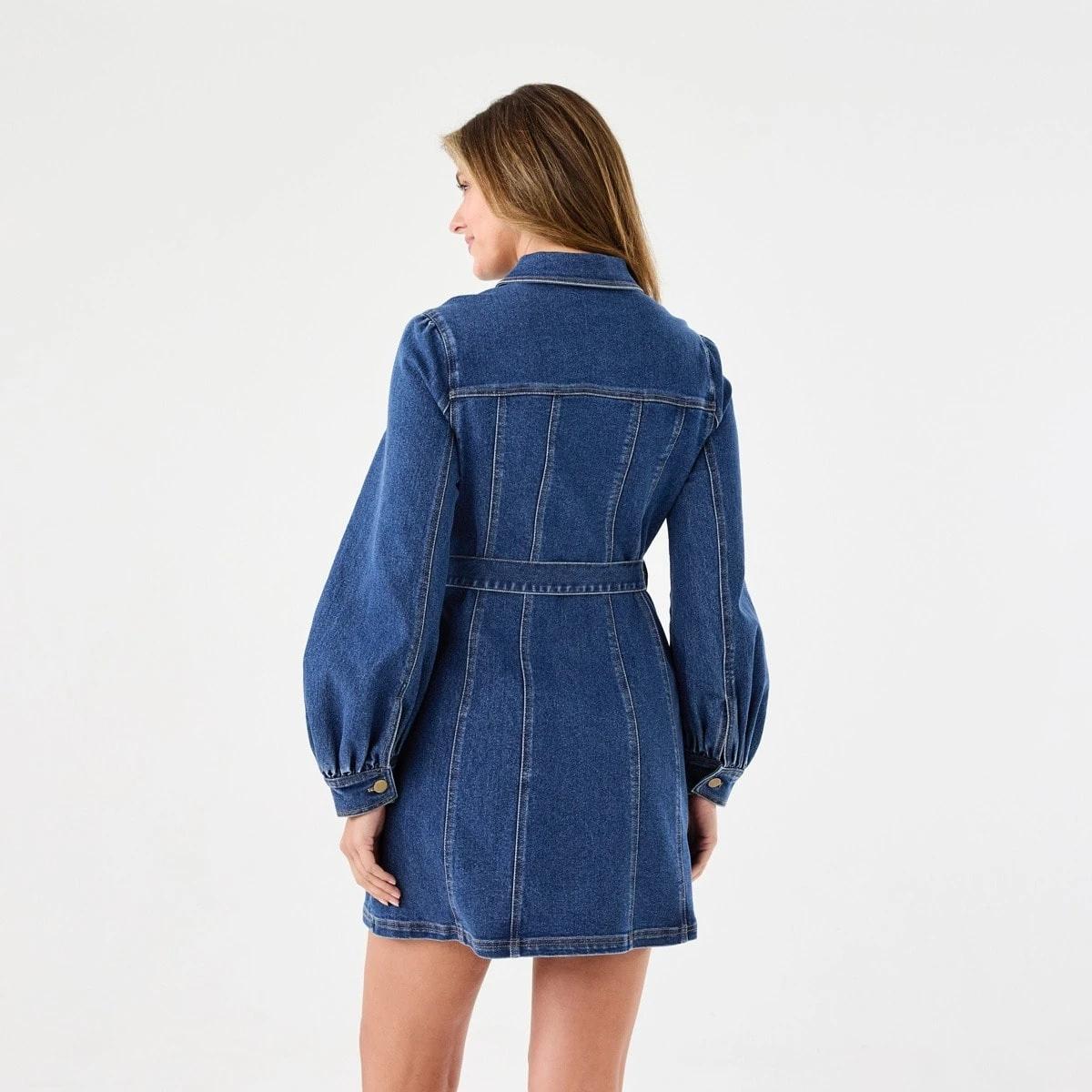3 Long Sleeve Belted Denim Mini Dress Mid Wash, 3 of 7
