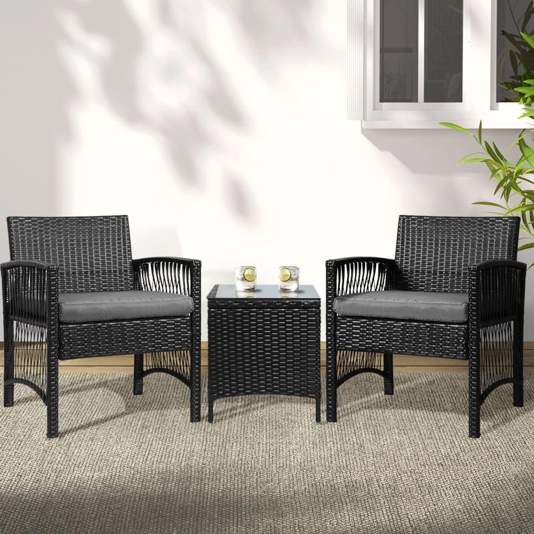 3 Gardeon 3pc Outdoor Bistro Set Patio Furniture Wicker Dining Chairs Table Cushion Patio Furniture Compact - Black, 3 of 6