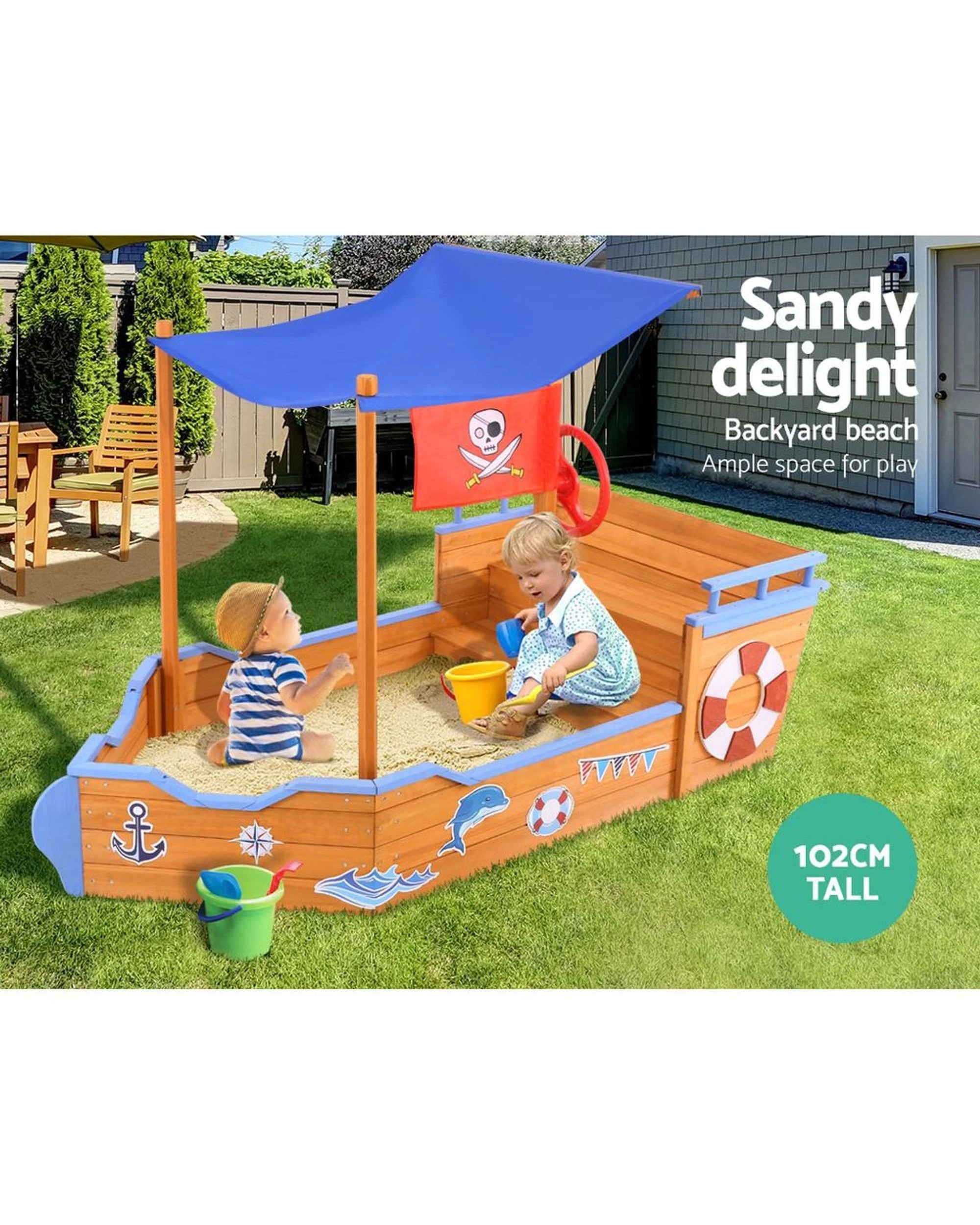 2 Keezi Kids Sandpit Wooden Boat Sand Pit With Canopy Bench Seat 165cm
 - Brown, 2 of 2