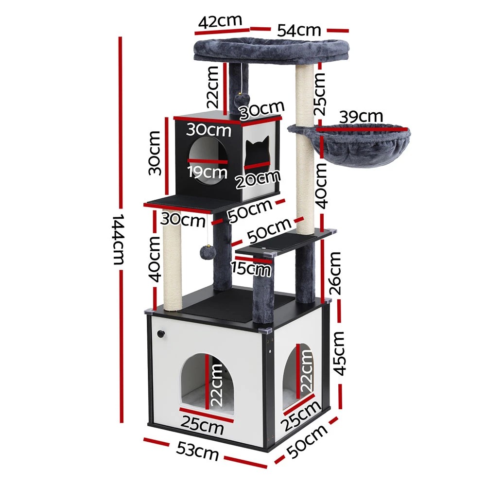 2 i.Pet Cat Tree Tower Scratching Post Scratcher 144cm Wood Bed Condo House Cabinet - Multi, 2 of 5