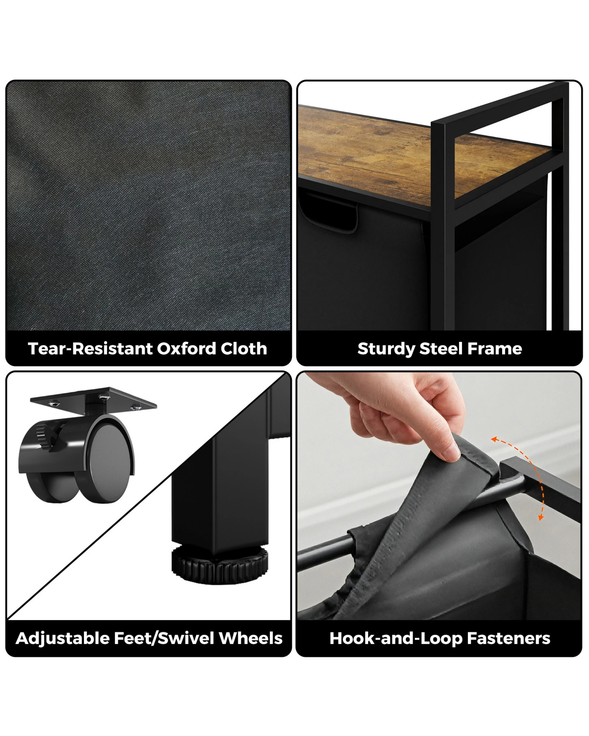 4 Advwin Laundry Hamper with Shelf 2x45L Pull-out Removable Bags - Black, 4 of 4