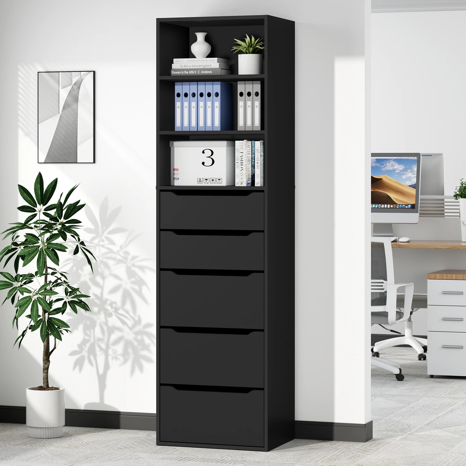 9 Alfordson Chest of 5 Drawers Office Storage Cabinet Tallboy Bedroom - Black, 9 of 10