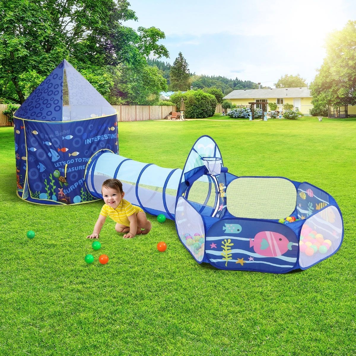 7 AUSWAY 3-In-1 Kids Play Tent House Baby Crawl Tunnel Ball Pit, 7 of 8