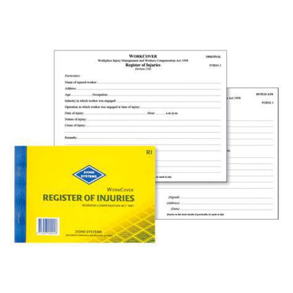 1 Zions Work Cover Register of Injuries NSW Book, 1 of 2