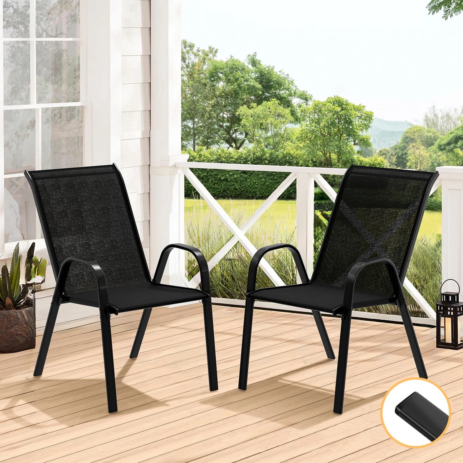 10 Alfordson 2x Outdoor Lounge Chairs Patio Dining Furniture Garden Stackable - Black, 10 of 10