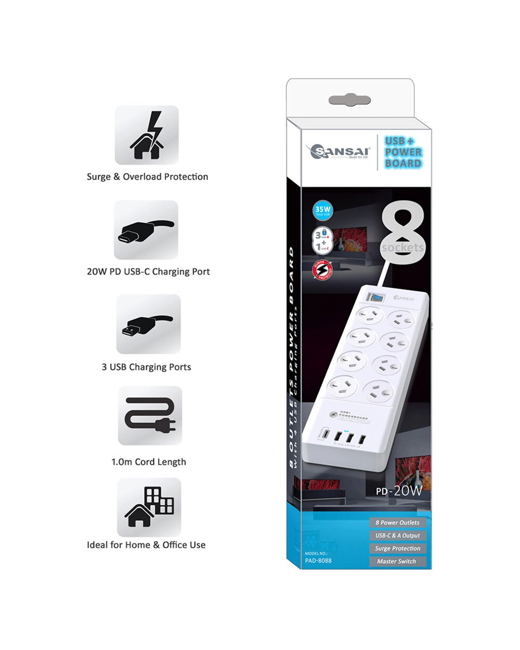 3 Sansai 8 Way Power Outlet 2400W Surge Protected Board Charger Ports USB A to C - White, 3 of 5