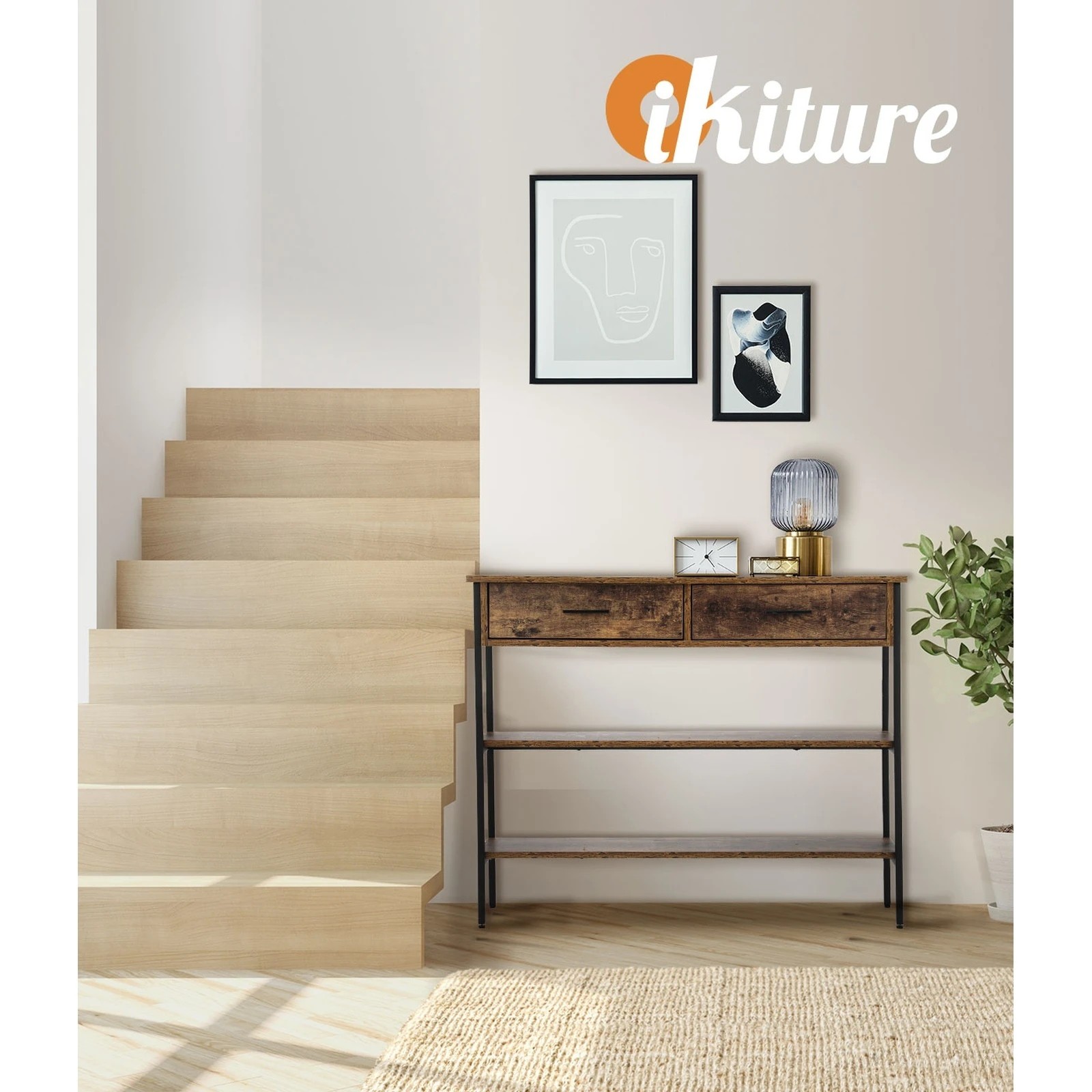 6 Oikiture 3-tier Console Table Wood Sofa Table With 2 Drawers Hall Side Entry
 - Natural, 6 of 10