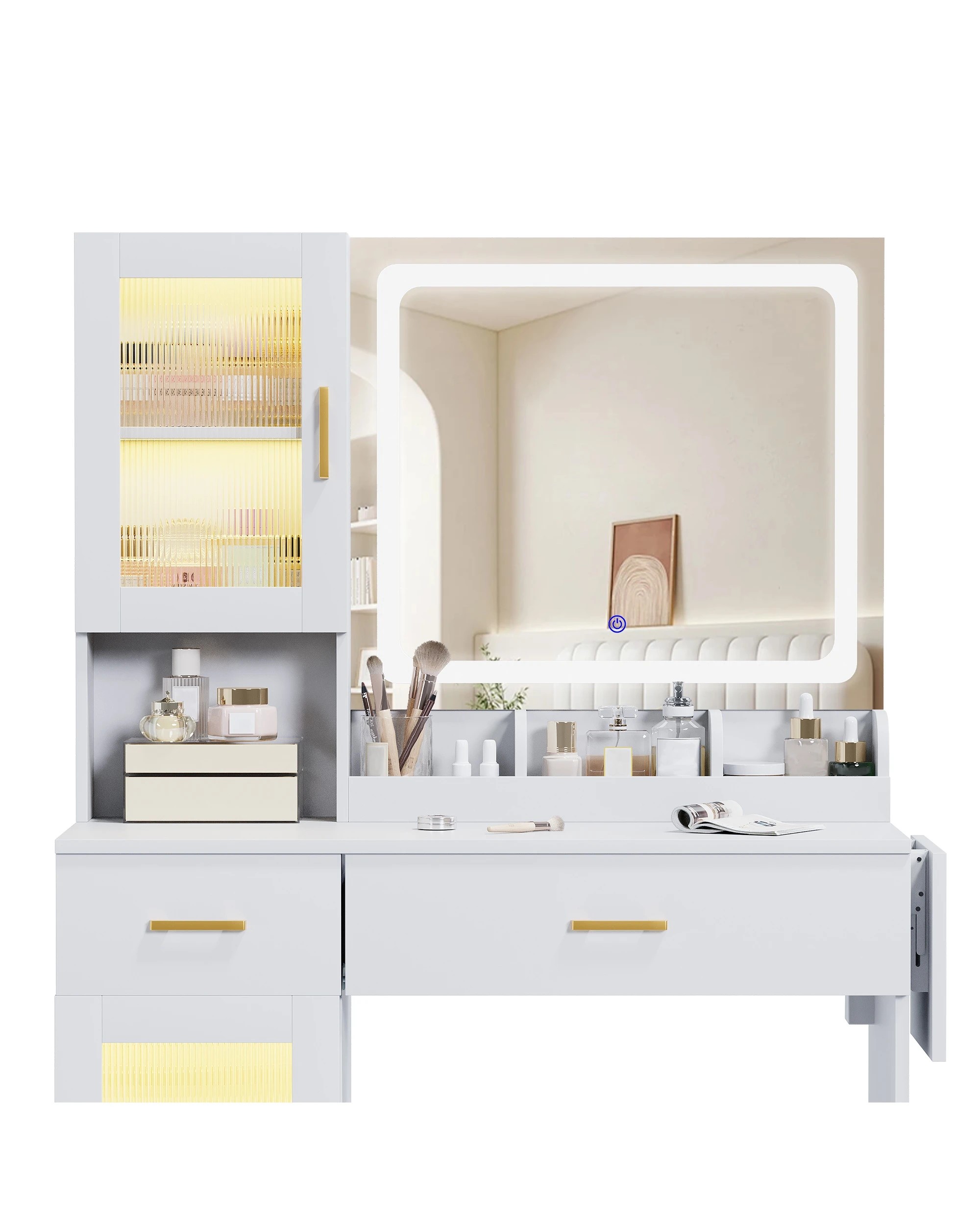 8 Advwin Dressing Table with LED Mirror,RGB Cabinet, Charging Station & Foldable Countertop - White, 8 of 10
