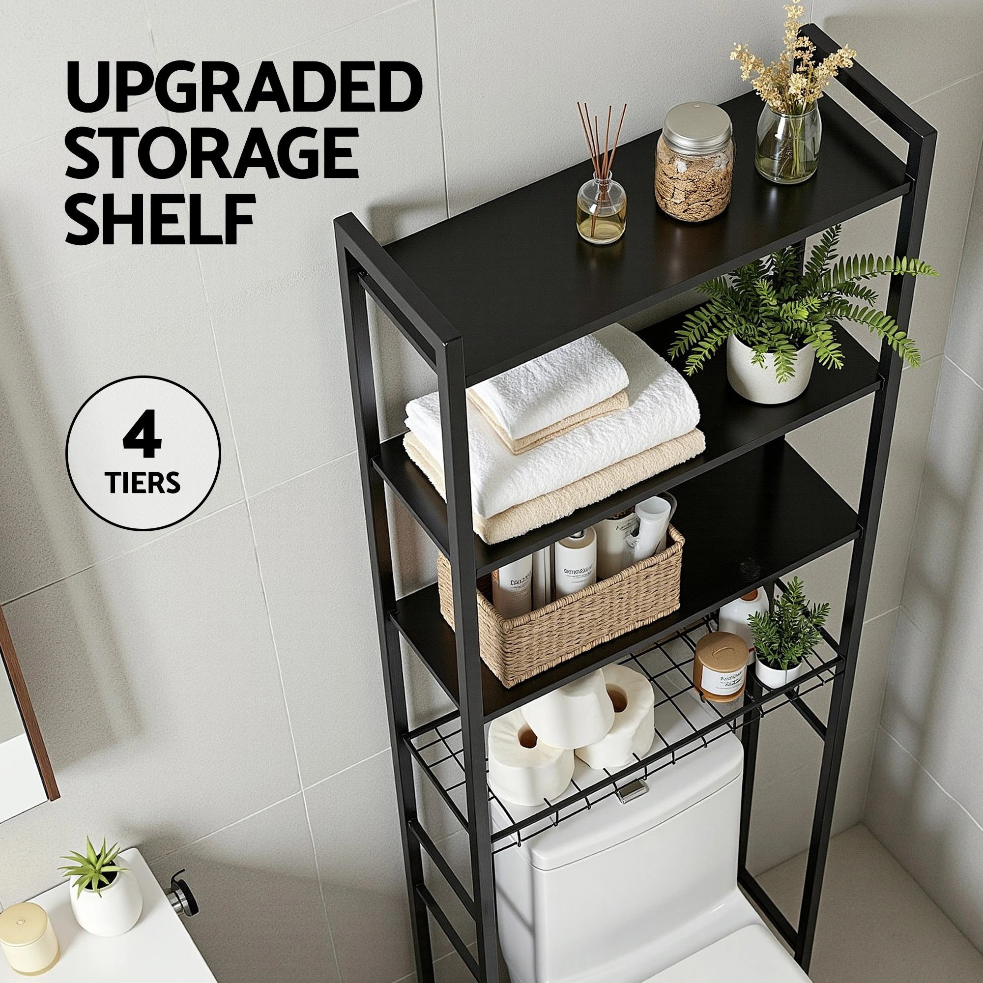 4 Artiss Over Toilet Bathroom Storage Rack Space Saving 4 Tier Organiser - Black, 4 of 6