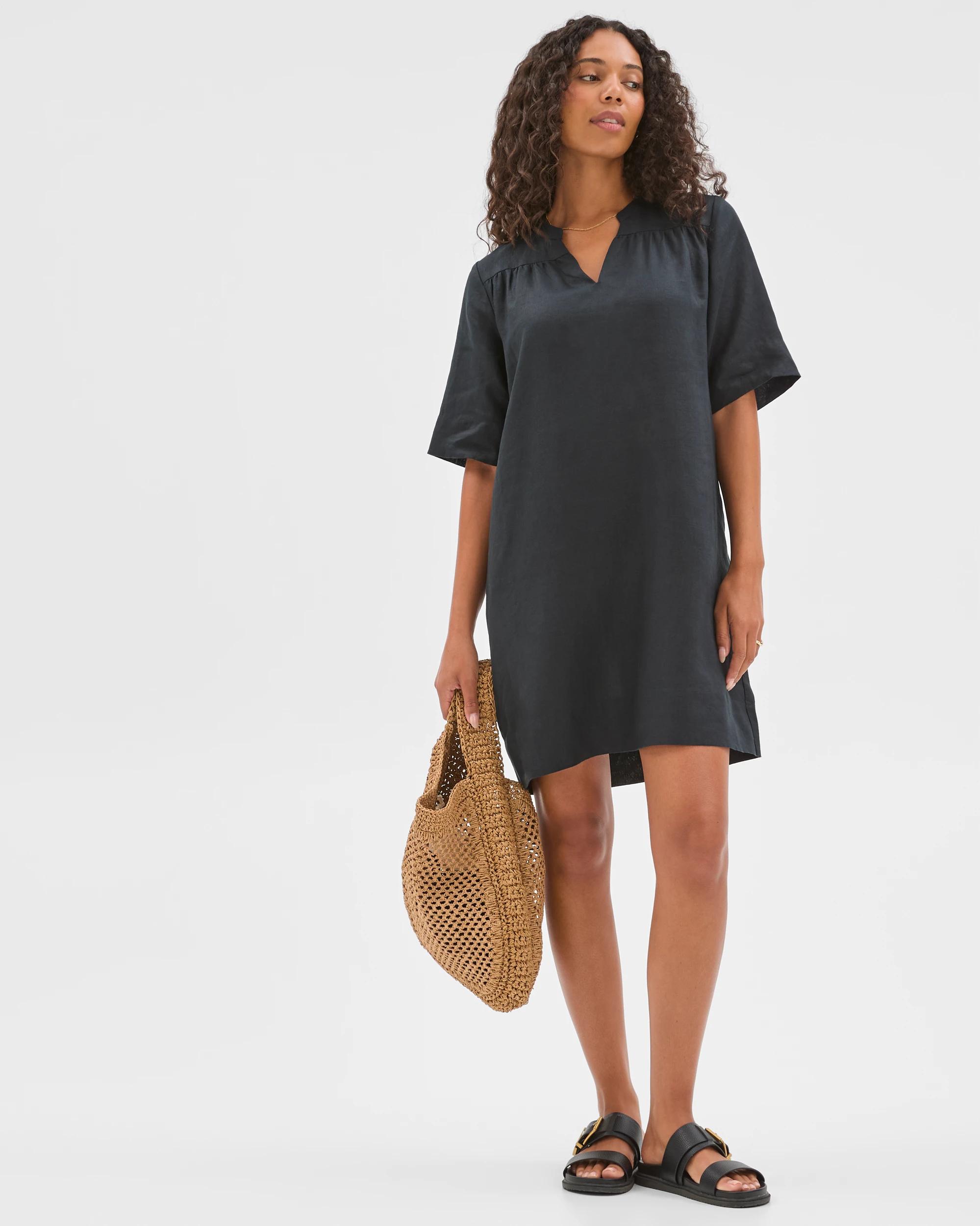 1 Target Woman European Linen Short Sleeve V-Front Mini Dress BLACK, 1 of 6