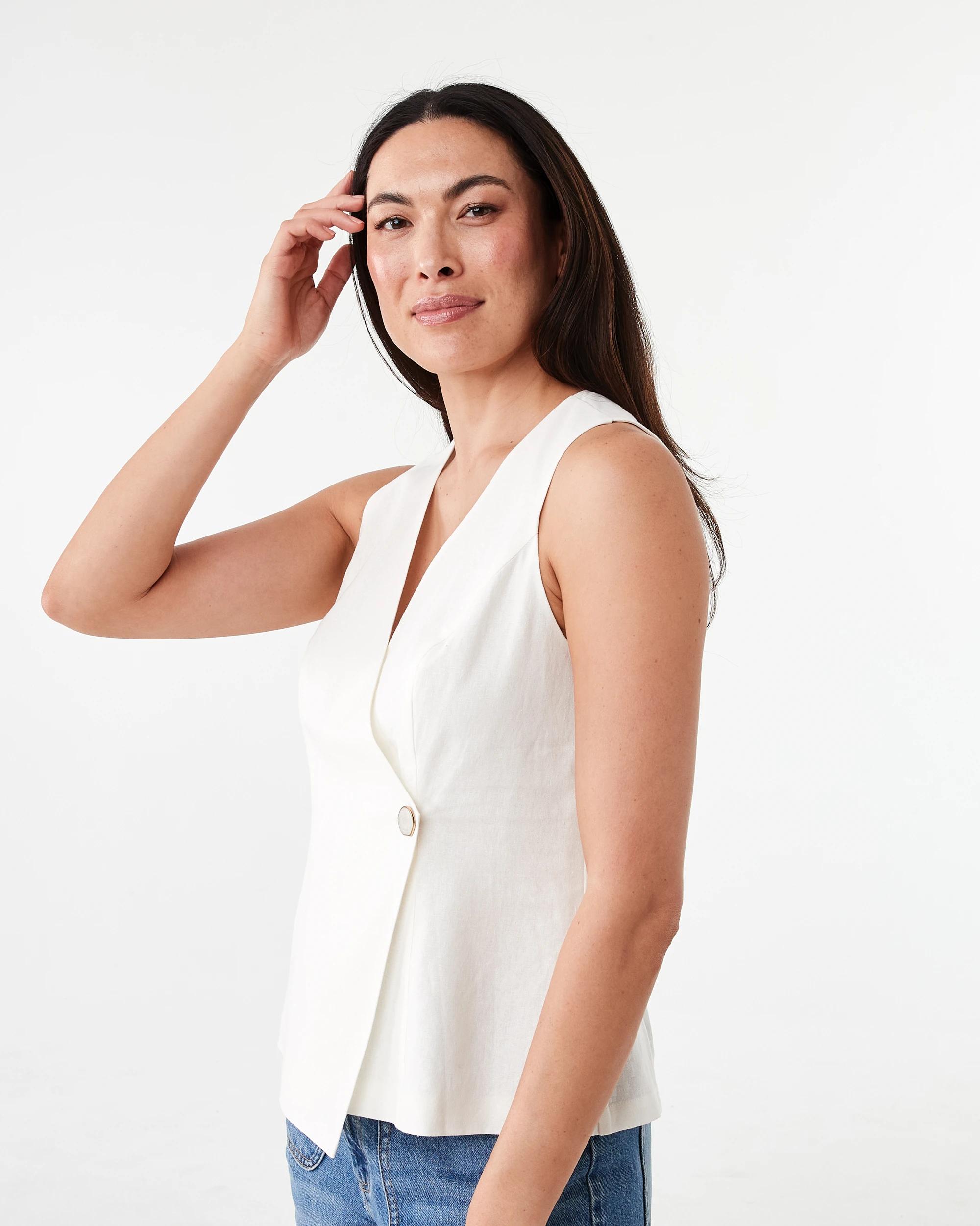 2 Sleeveless Wrap Linen Blend Waistcoat Cld White, 2 of 6