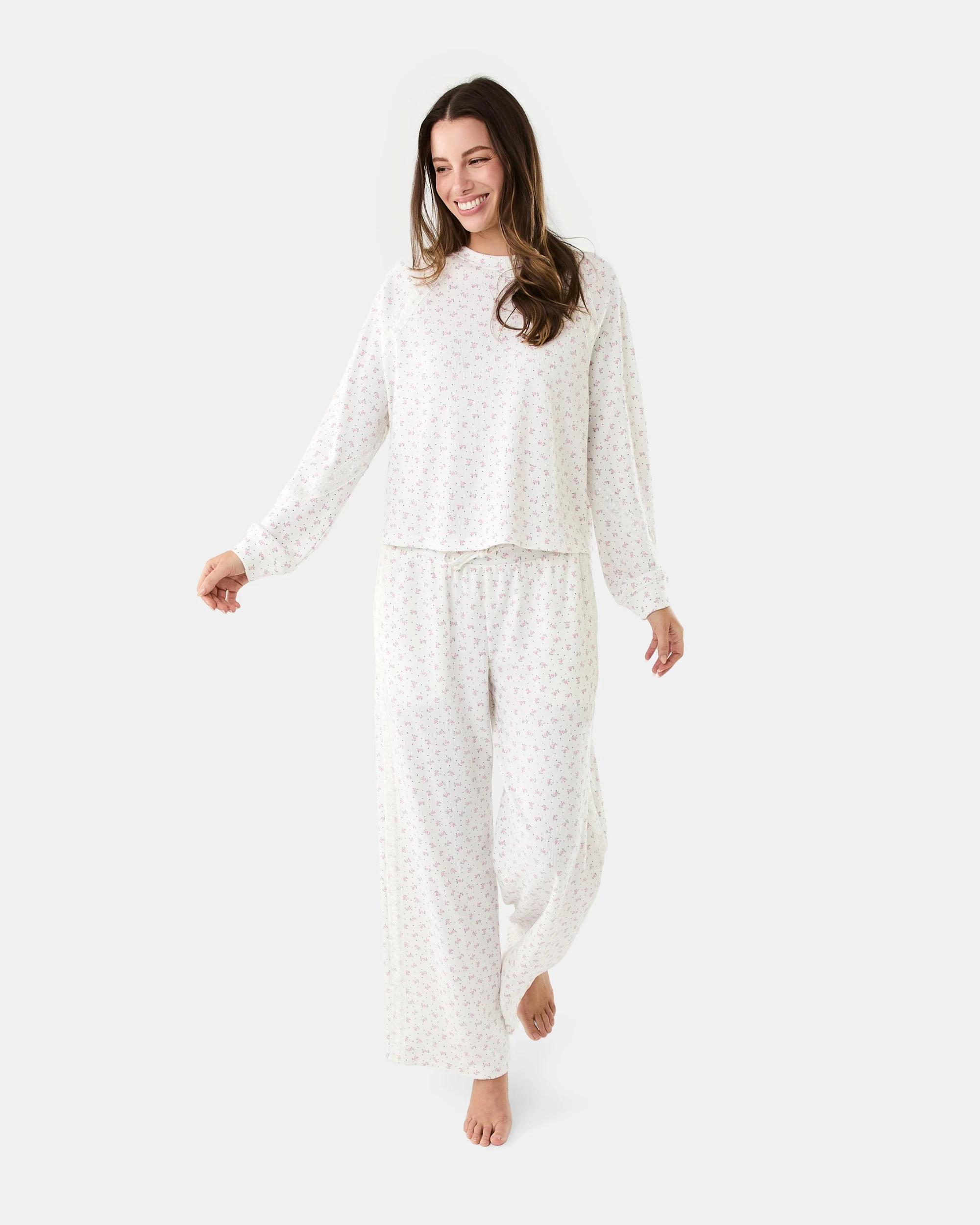 9 Long Sleeve Waffle Lace Lounge Top Rose Spot, 9 of 9
