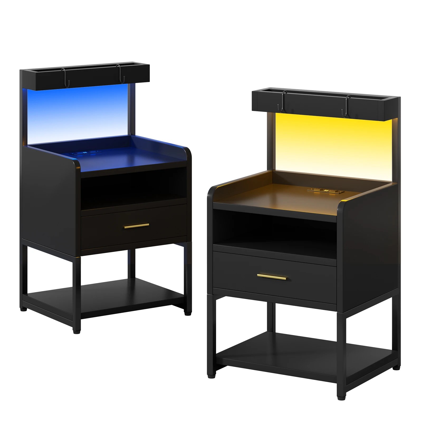 1 Advwin Set of 2 Bedside Table with Drawer Charging Station LED Lights - Black, 1 of 10