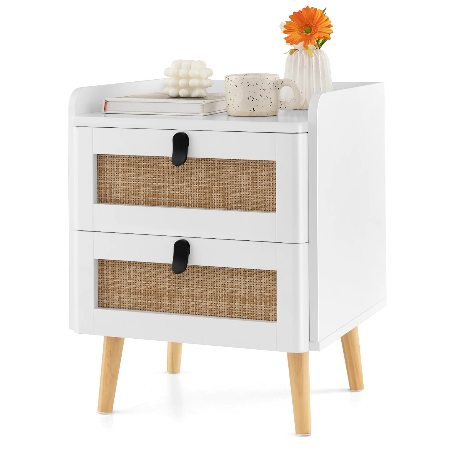 3 Costway Boho Accent Nightstand w/2 Rattan Drawers Modern Bedside Table - White, 3 of 3