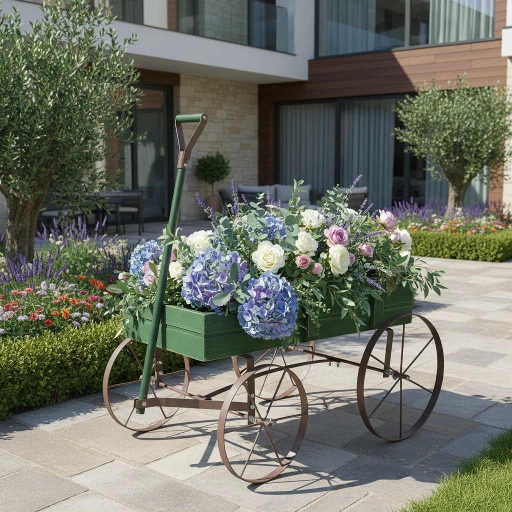 2 Costway Wooden Garden Flower Planter Wagon Plant Bed w/Wheel Garden Decor, 2 of 3