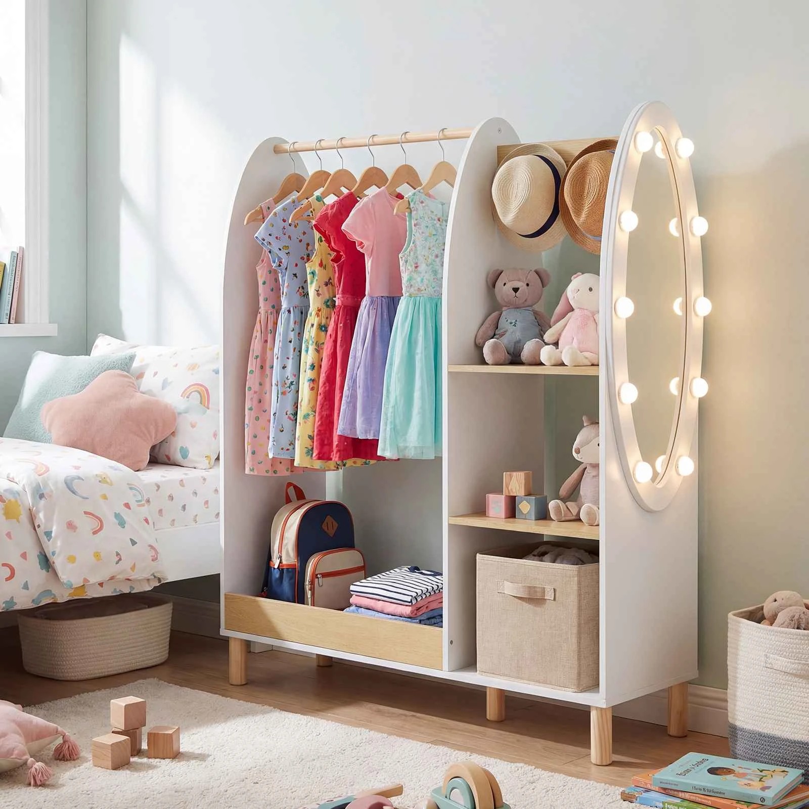 3 Costway Wardrobe Closet Clothes Rack Lighted Mirror Coat Stand Dress Up Storage Armoire, 3 of 3