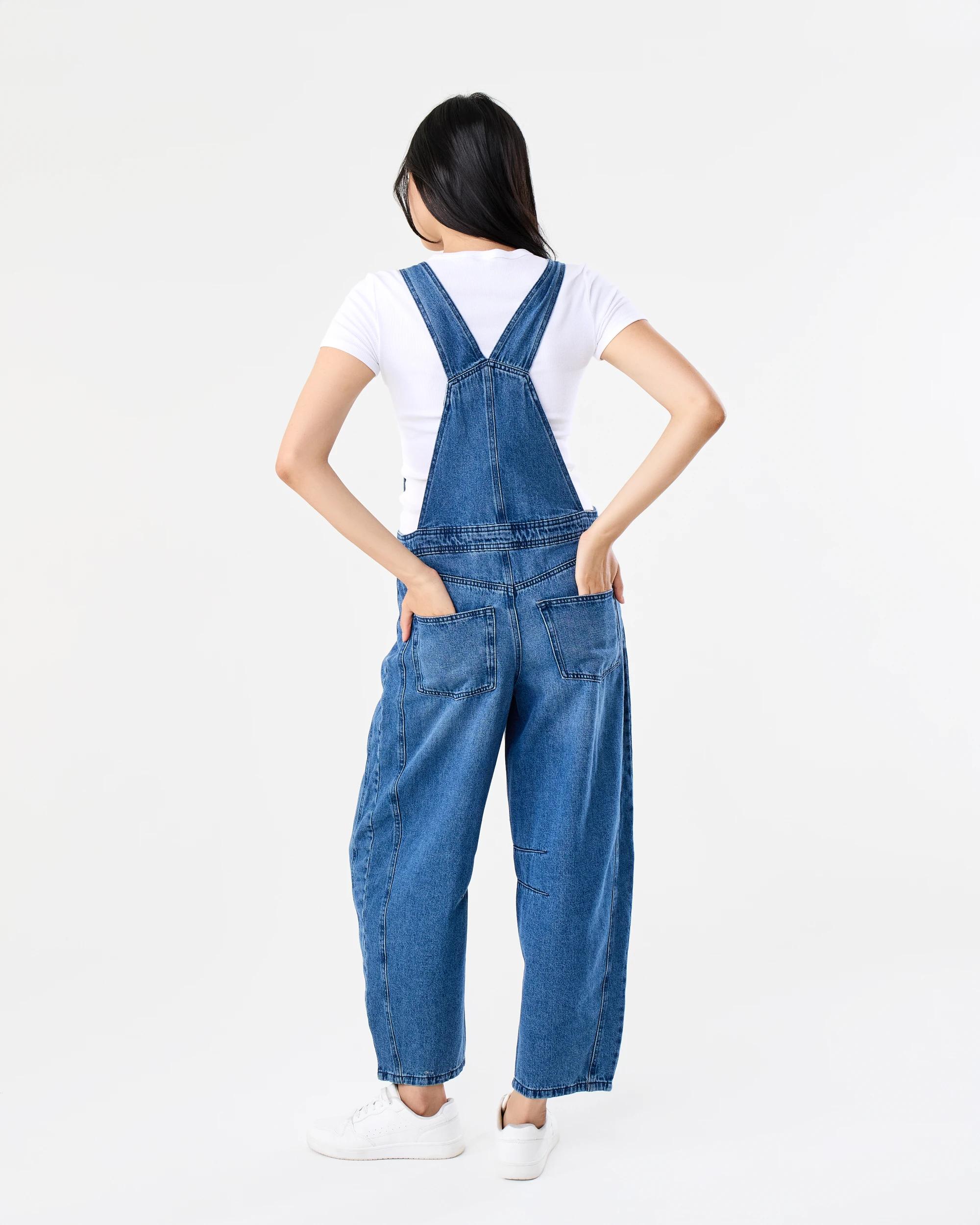 3 Sleeveless Barrel Leg Dungaree Mid Wash, 3 of 9