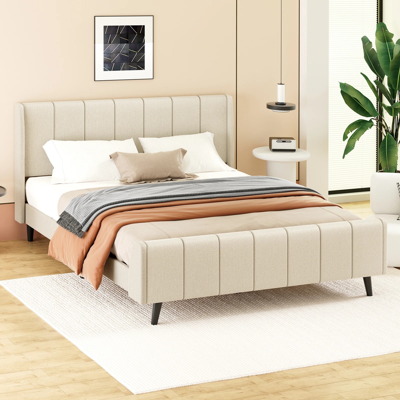 9 Alfordson Bed Frame Queen Size Tufted Headboard Base Beige Fabric Hundolf - Beige, 9 of 10