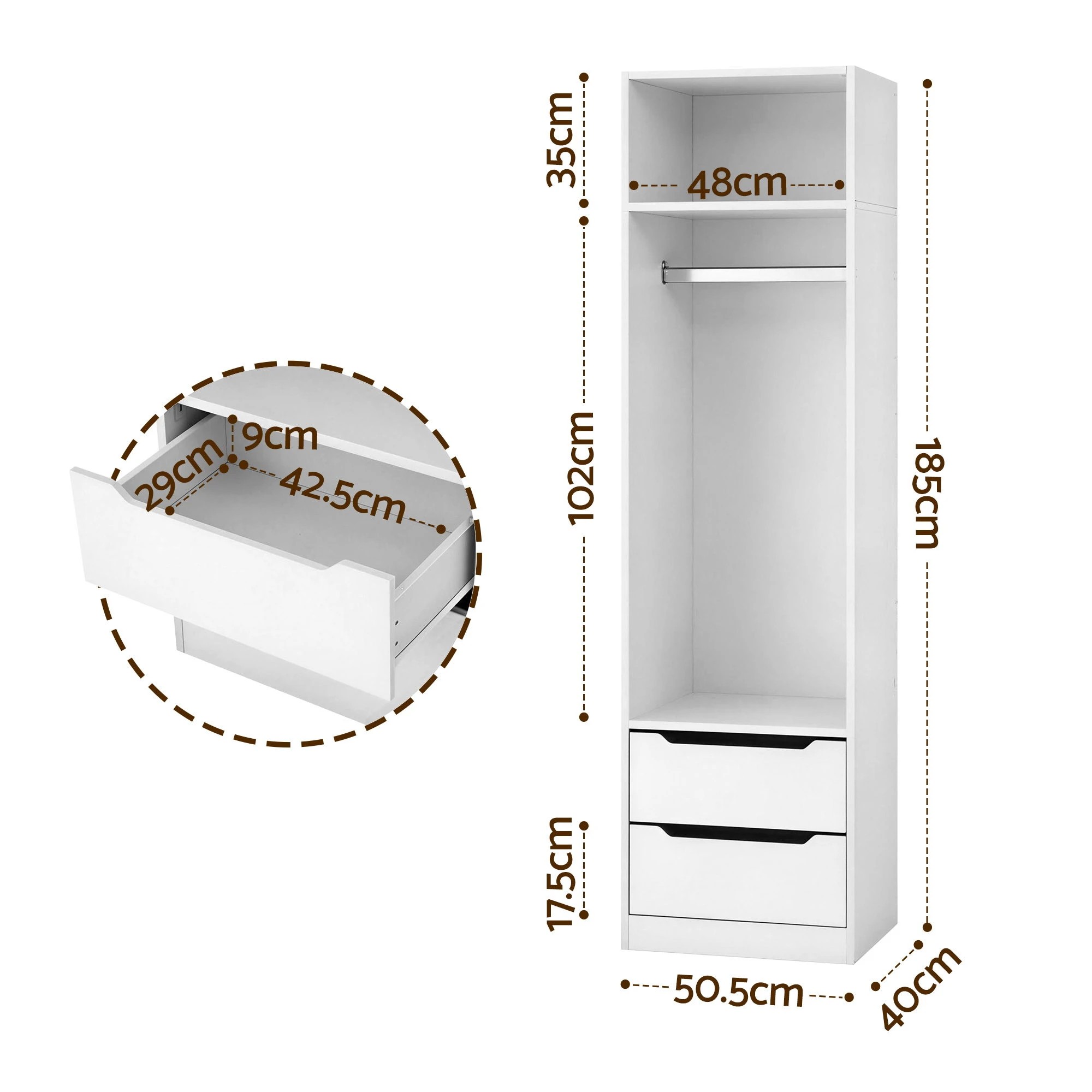 3 Artiss Wardrobe Clothes Closet Storage Organizer 2 Drawers 1 Detachable Hanging Rod - White, 3 of 8