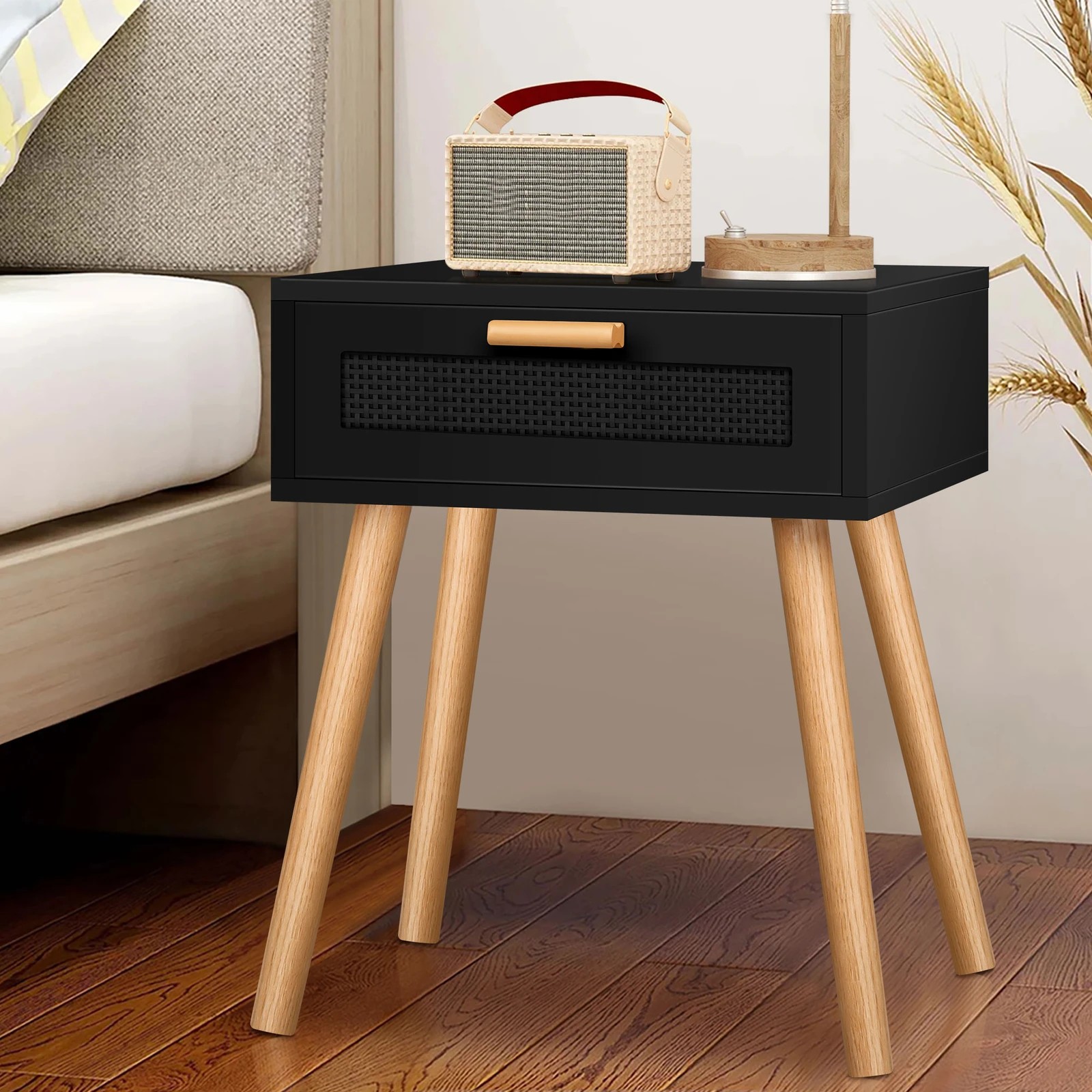 2 Alfordson 2x Bedside Table Nightstand Side Storage Rattan - Black, 2 of 10