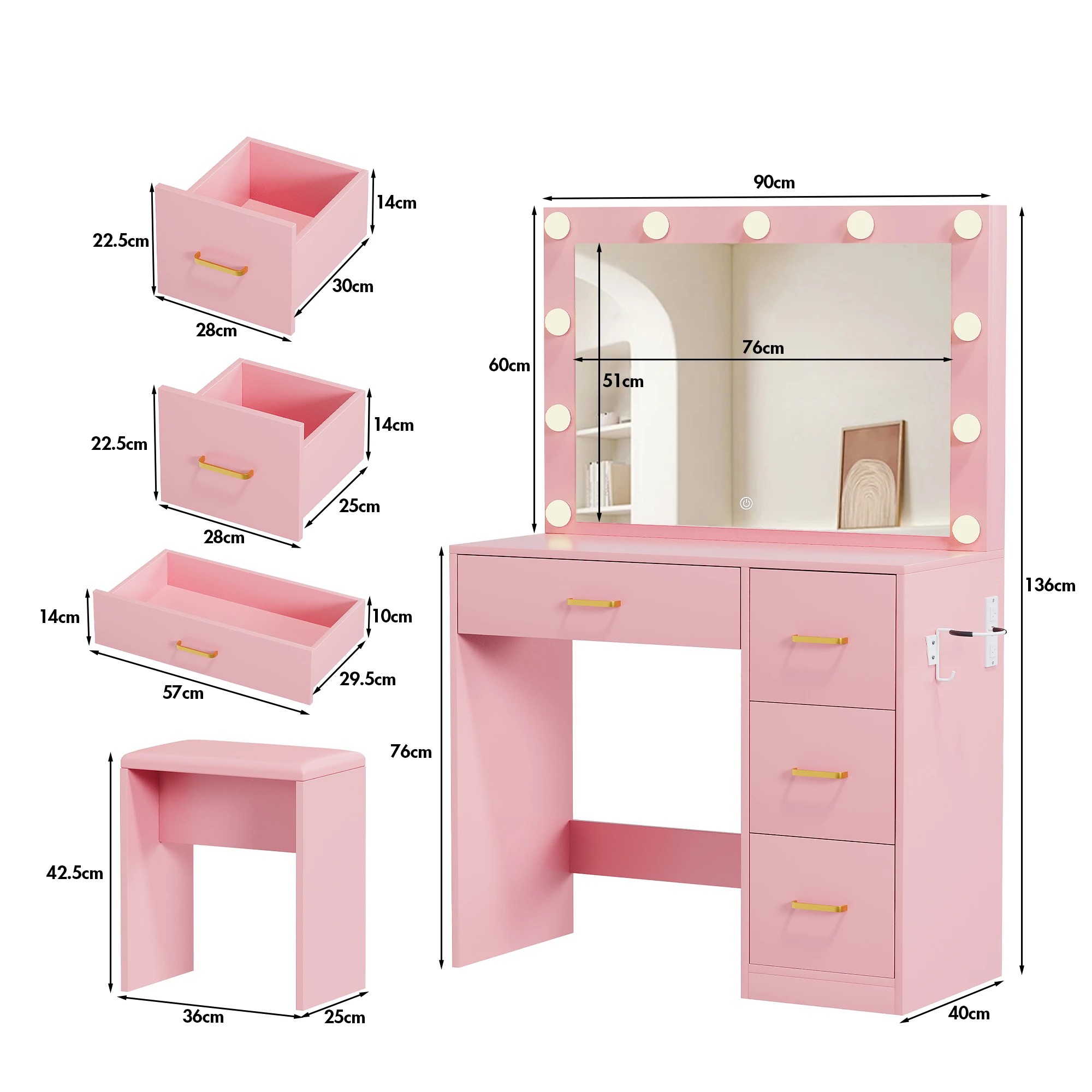 3 Advwin Makeup Vanity Desk with Mirror and 11 Light Bulbs Charging Station - Pink, 3 of 9