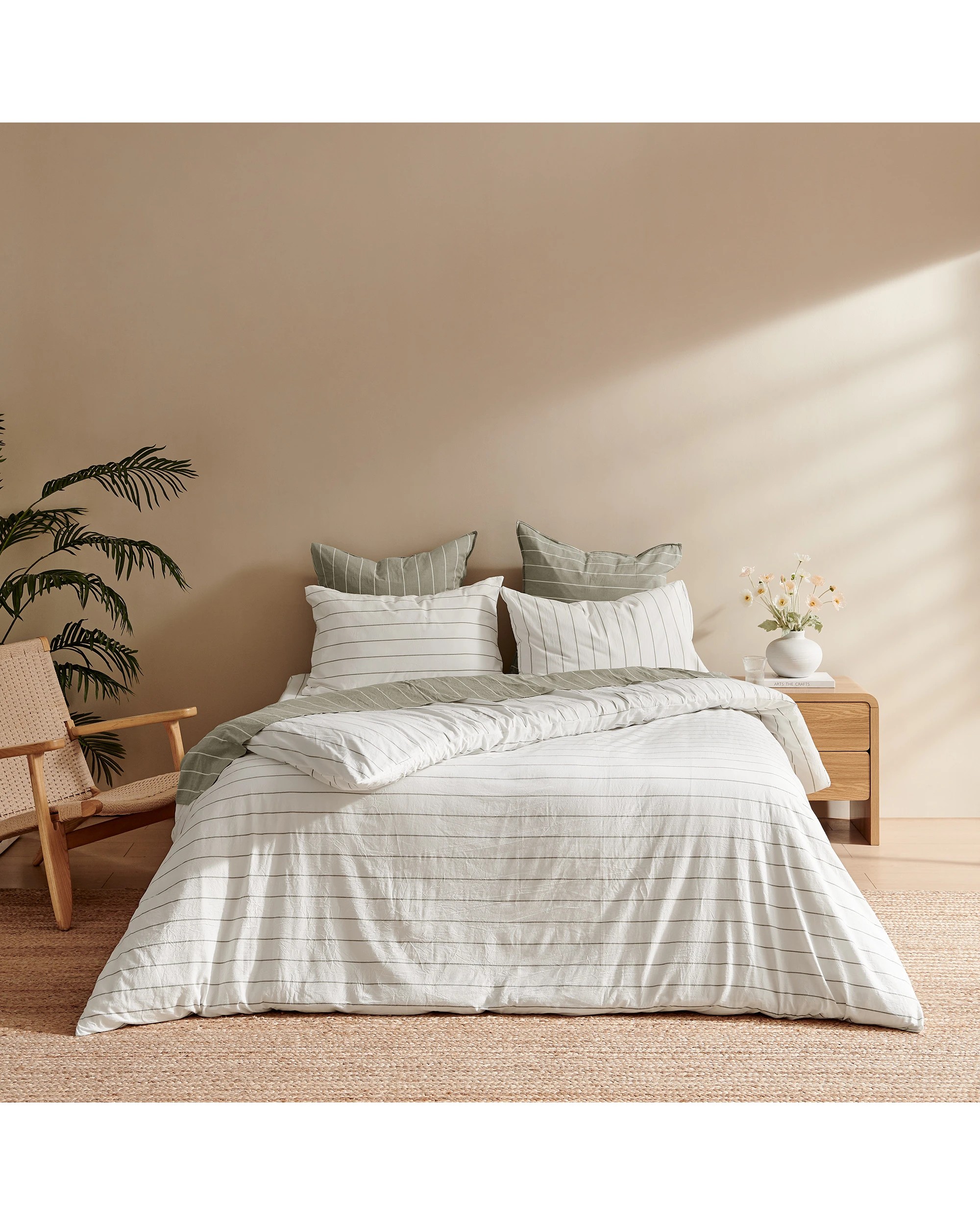 4 Dreamaker Rumi Stripe Washed Cotton Reversible European Pillowcase Twin Pack - Olive with White, 4 of 4