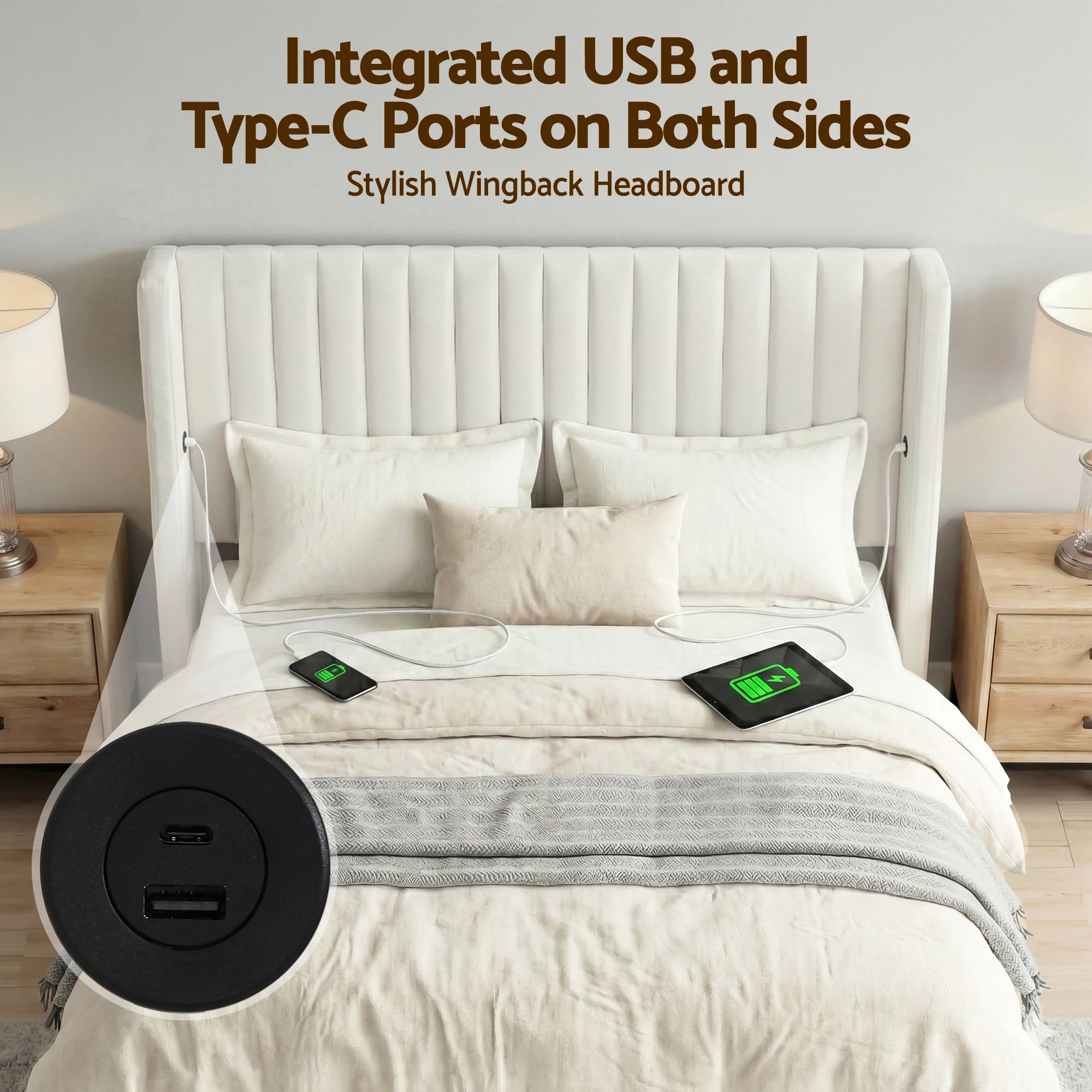 8 Artiss Double Bed Frame with Gaslift Storage USB Type-C Charging Ports Velvet Upholstery - White, 8 of 9