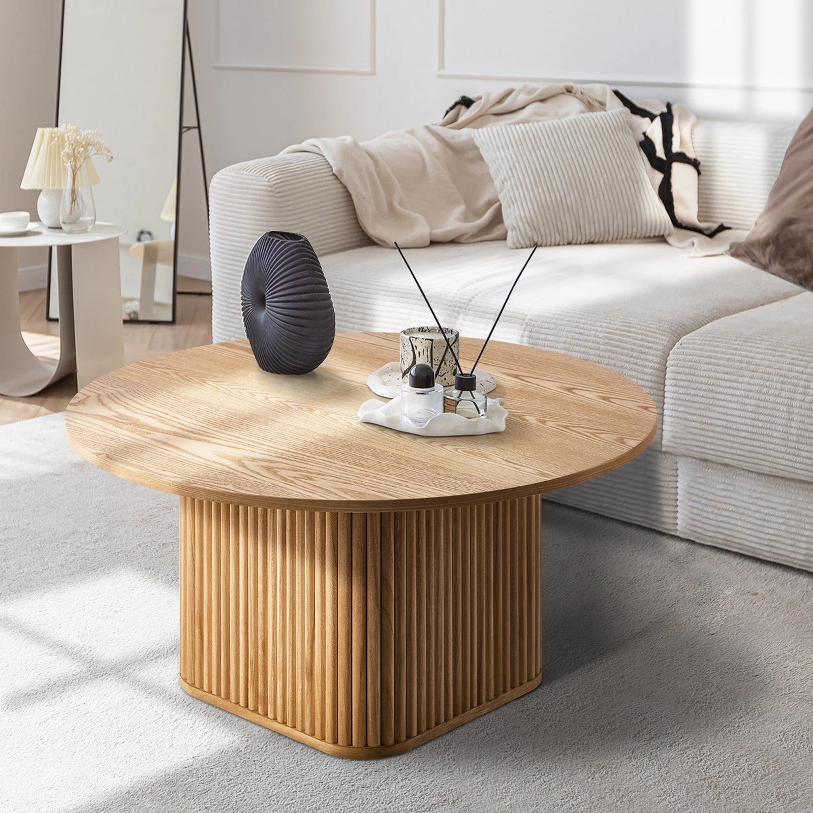 4 Oikiture Coffee Table Side End Tables Sofa Desk Round Wooden Furniture - Natural, 4 of 9