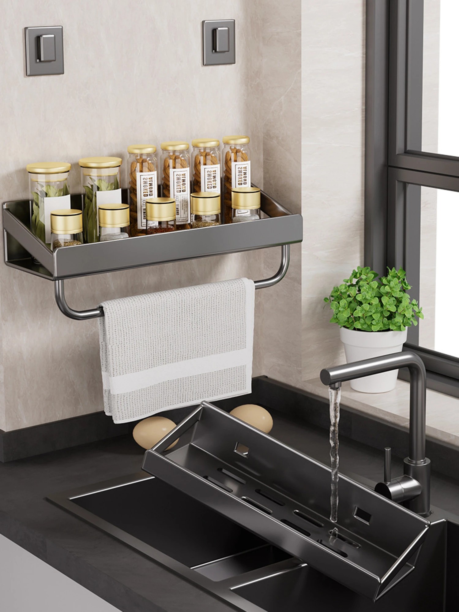 5 TODO Floating Spice Rack Shelf Wall Mounted Condiment Stand Storage Shelve Organizer 30 x 10 cm - Grey - Grey, 5 of 5