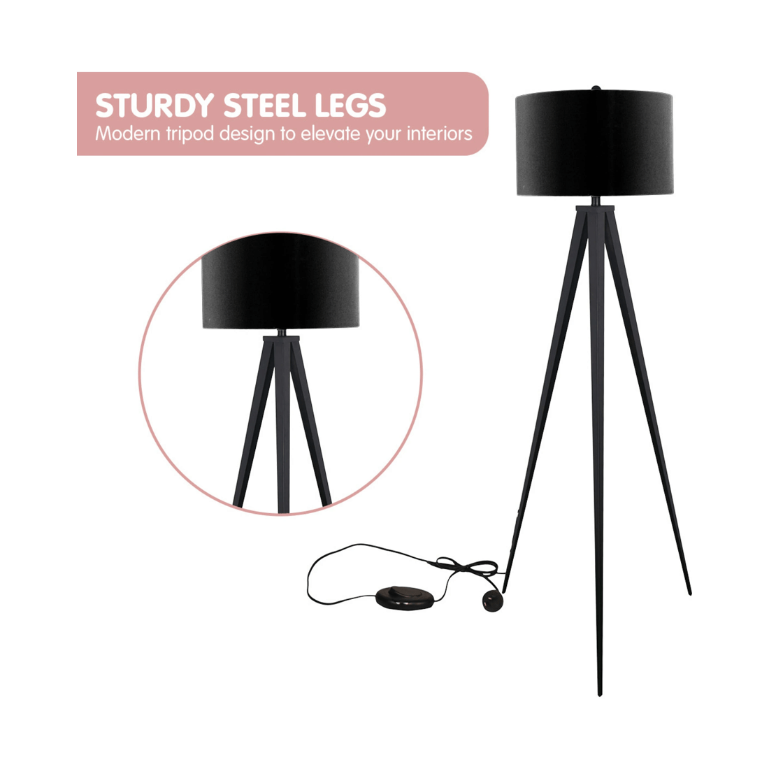 6 Sarantino Minimalist Modern Tripod Floor Lamp Black, 6 of 6