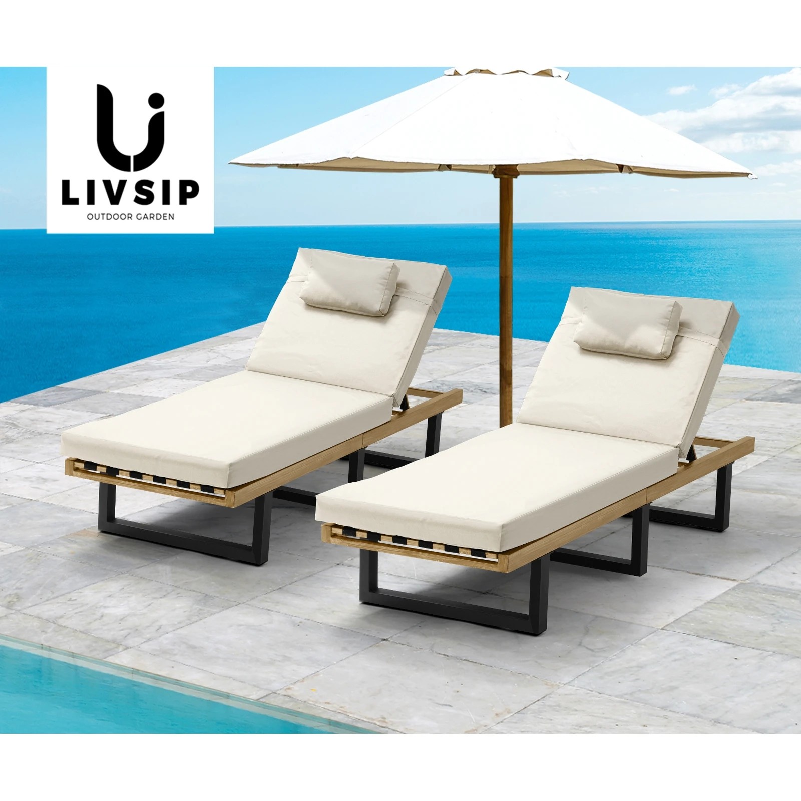 5 Livsip 2x Sun Lounge Outdoor Lounger Patio Furniture Setting Day Bed Garden
 - Beige, 5 of 9