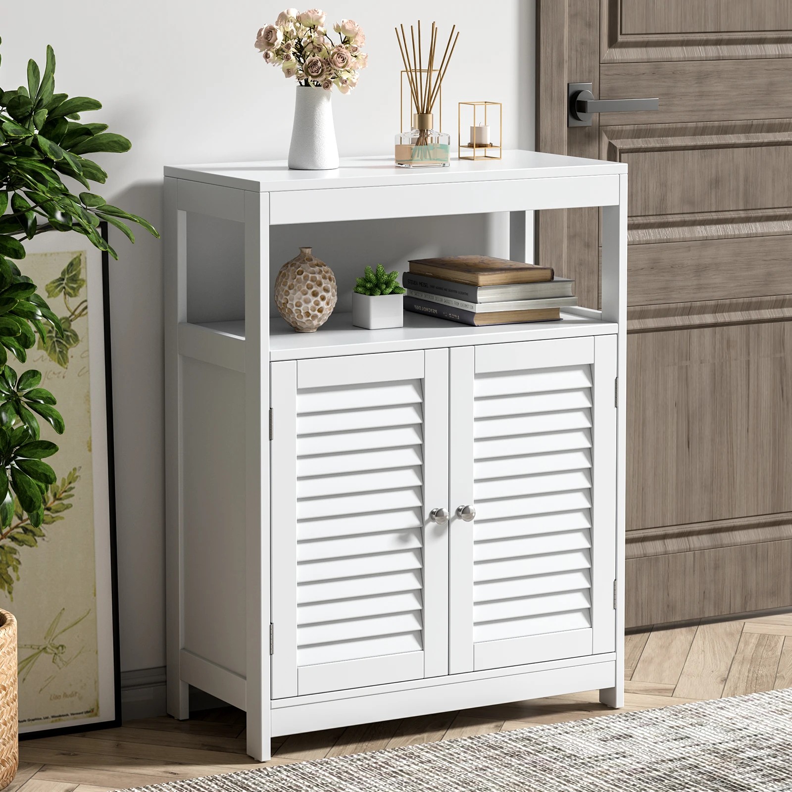 3 Costway Bathroom Storage Cabinet Floor Storage Cupboard w/2 Doors & Open Shelf - White, 3 of 7