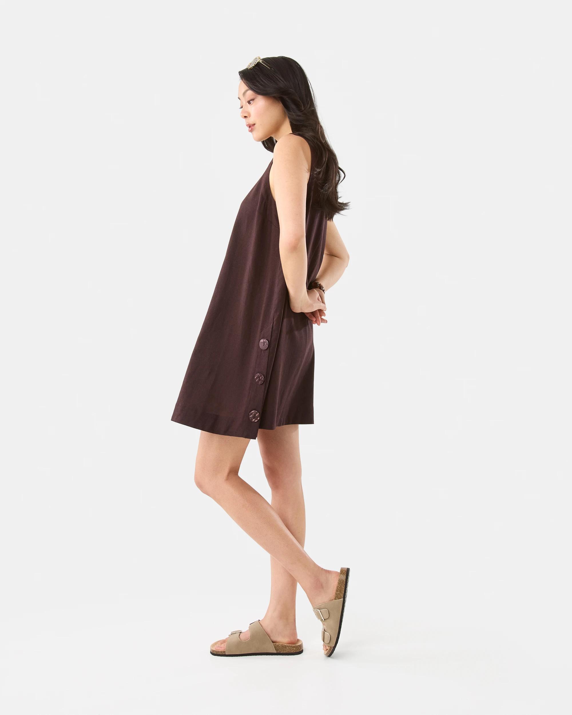 3 Sleeveless Linen Blend Button Detail Mini Dress Choc Plum, 3 of 8
