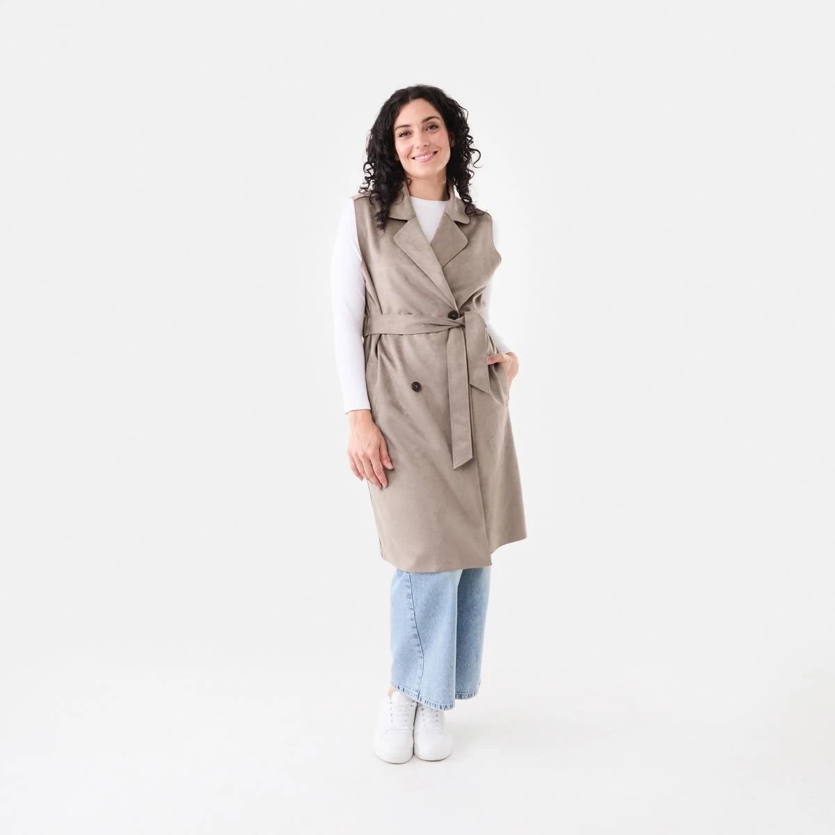 1 Sleeveless Suedette Trench Coat Taupe Brn, 1 of 7