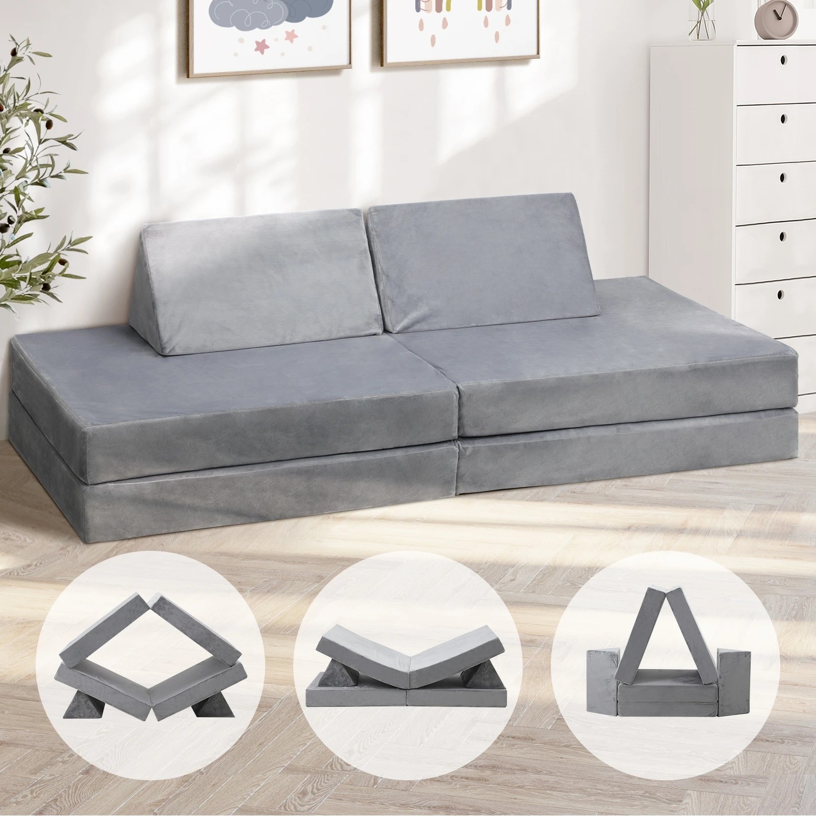 3 Oikiture 4Pcs Kids Sofa Play Couch Modular Lounge Cushion Convertible Playset - Grey, 3 of 8