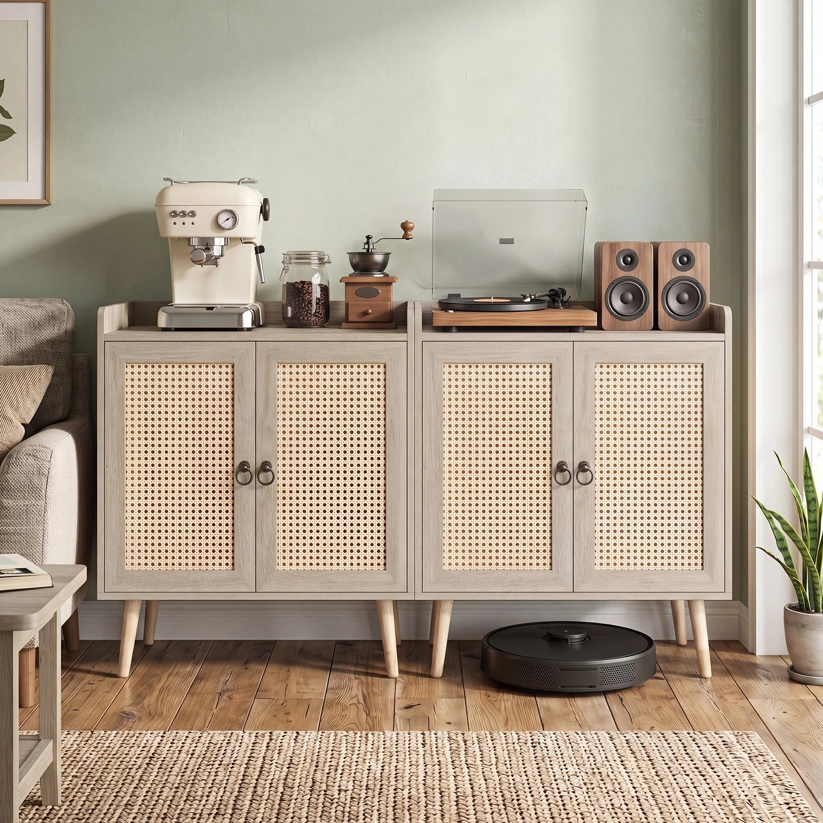 3 Costway Sideboard Buffet Rattan Coffee Bar Cabinet Adjustable Shelf & Pine Wood Legs - Natural, 3 of 5