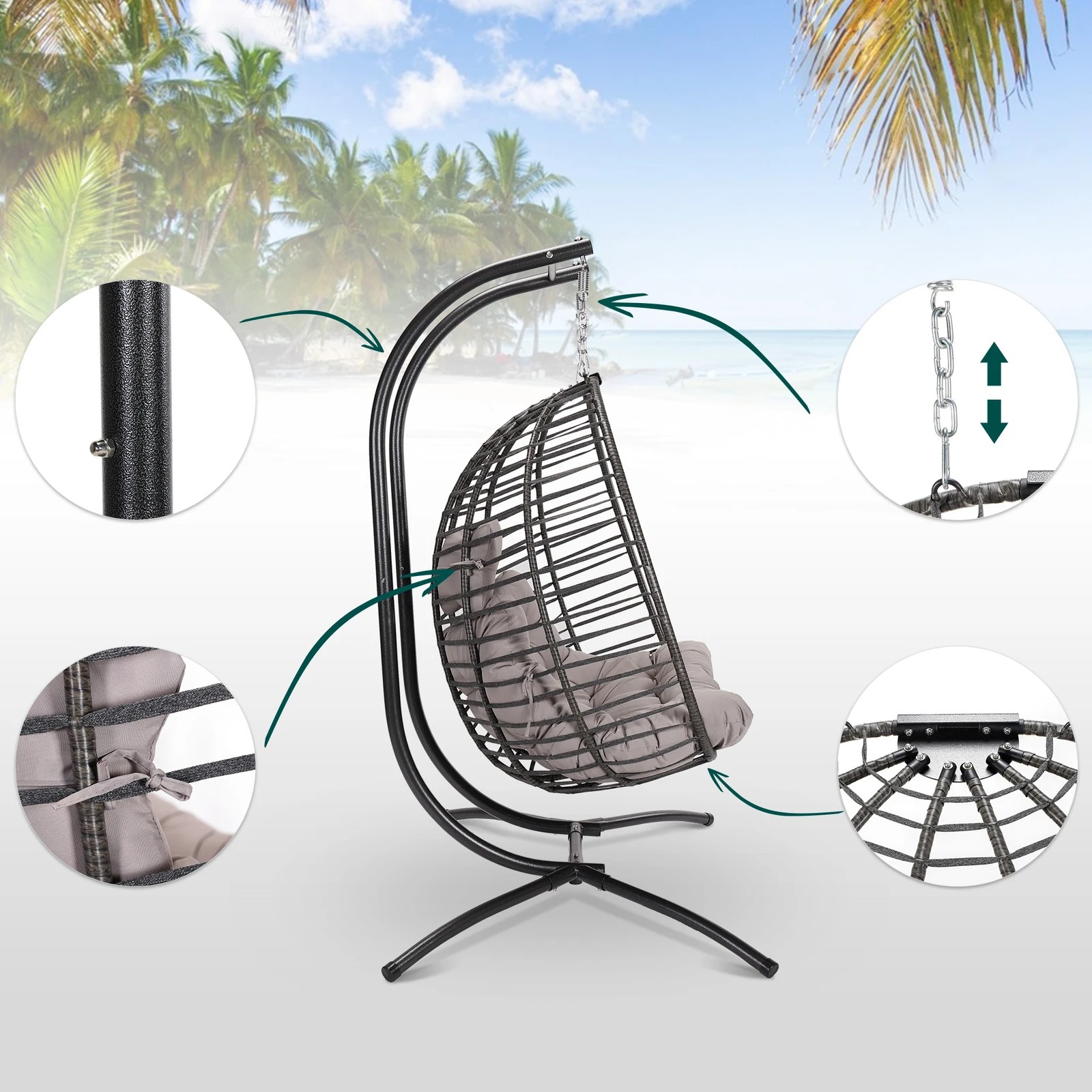 7 Alfordson Outdoor Egg Swing Chair 2 Seater Wicker Rattan Pod Hanging - Light Grey, 7 of 10