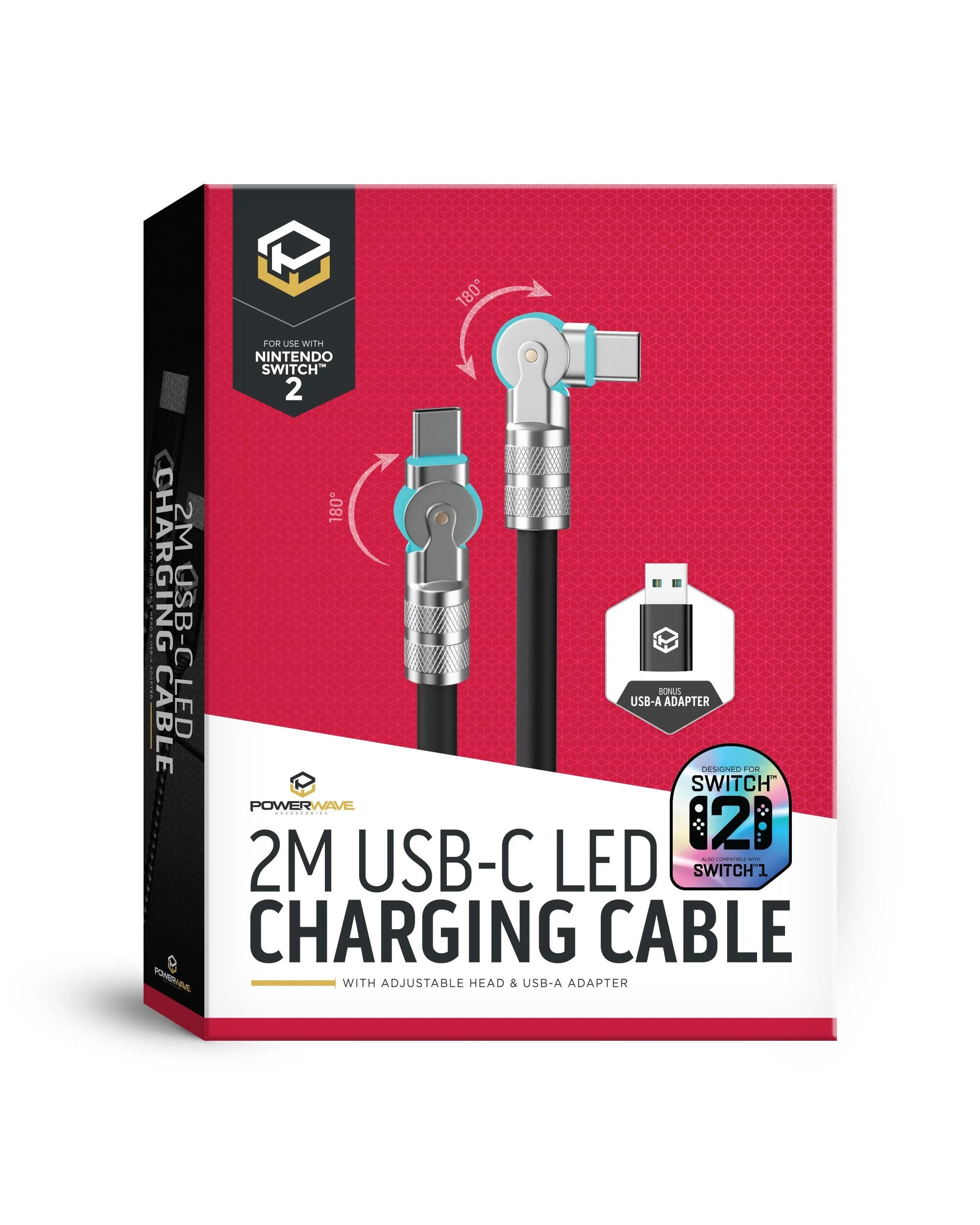 1 Powerwave 2M USB-C LED Charging Cable with Adjustable Head and USB-A Adapter for Nintendo Switch 2 - Black, 1 of 5