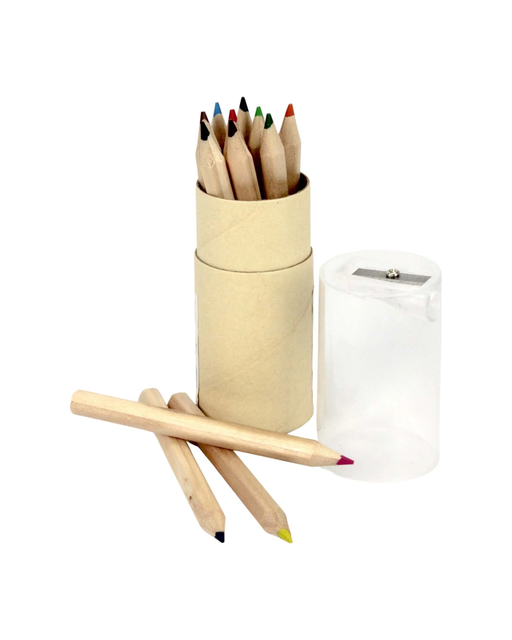 1 Partyrama Mini Coloured Pencil Tube With Sharpener Pack of 12 - Natural, 1 of 3
